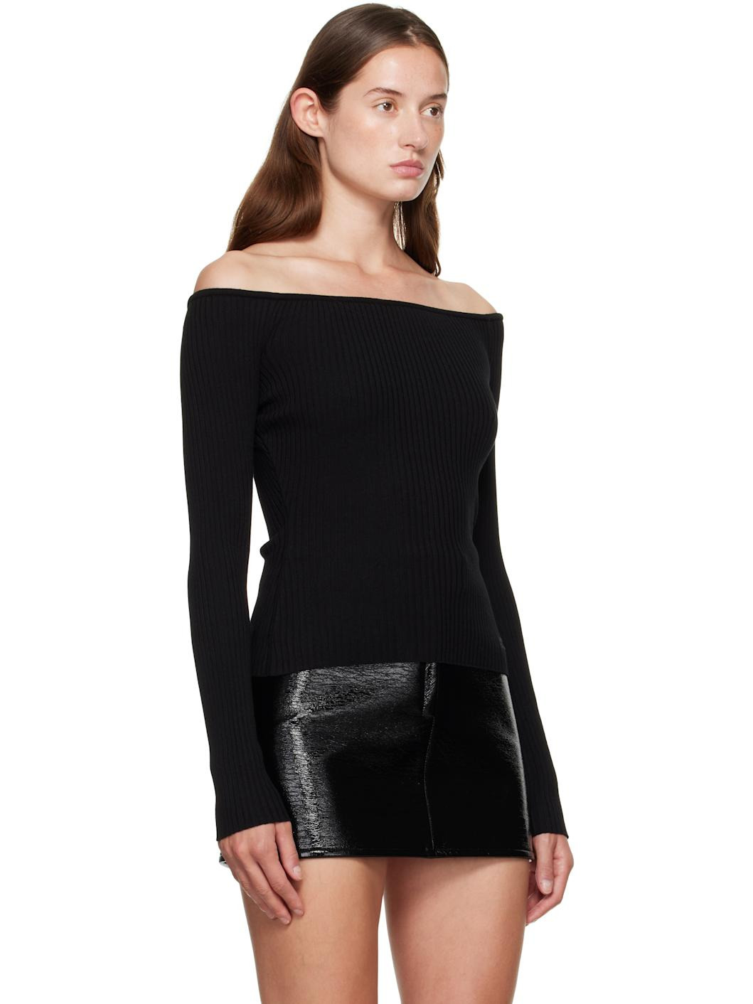 Black Off Shoulder Rib Knit Top - 2
