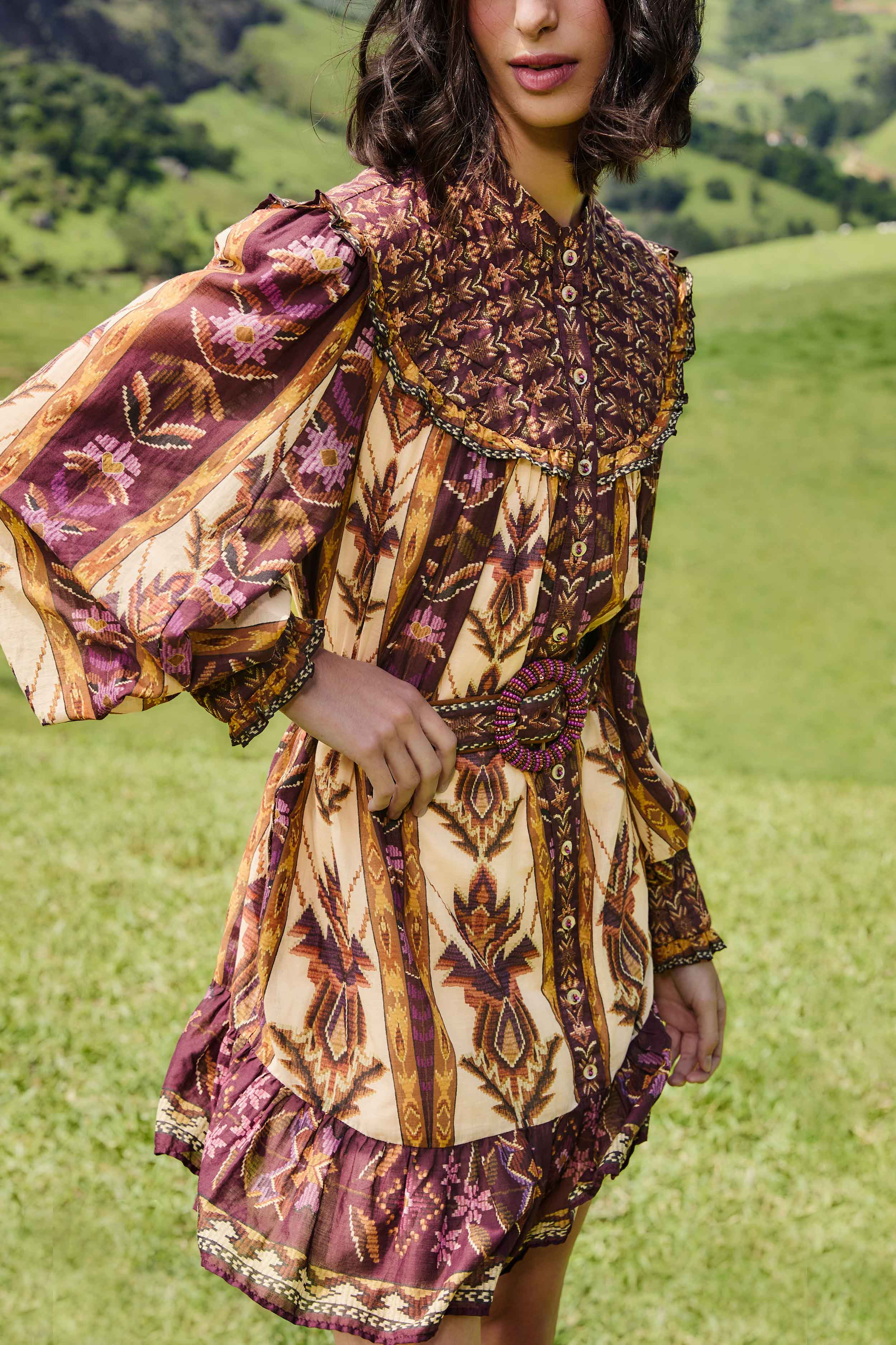 Sand Embroidered Tapestry Long Sleeve Mini Dress - 2