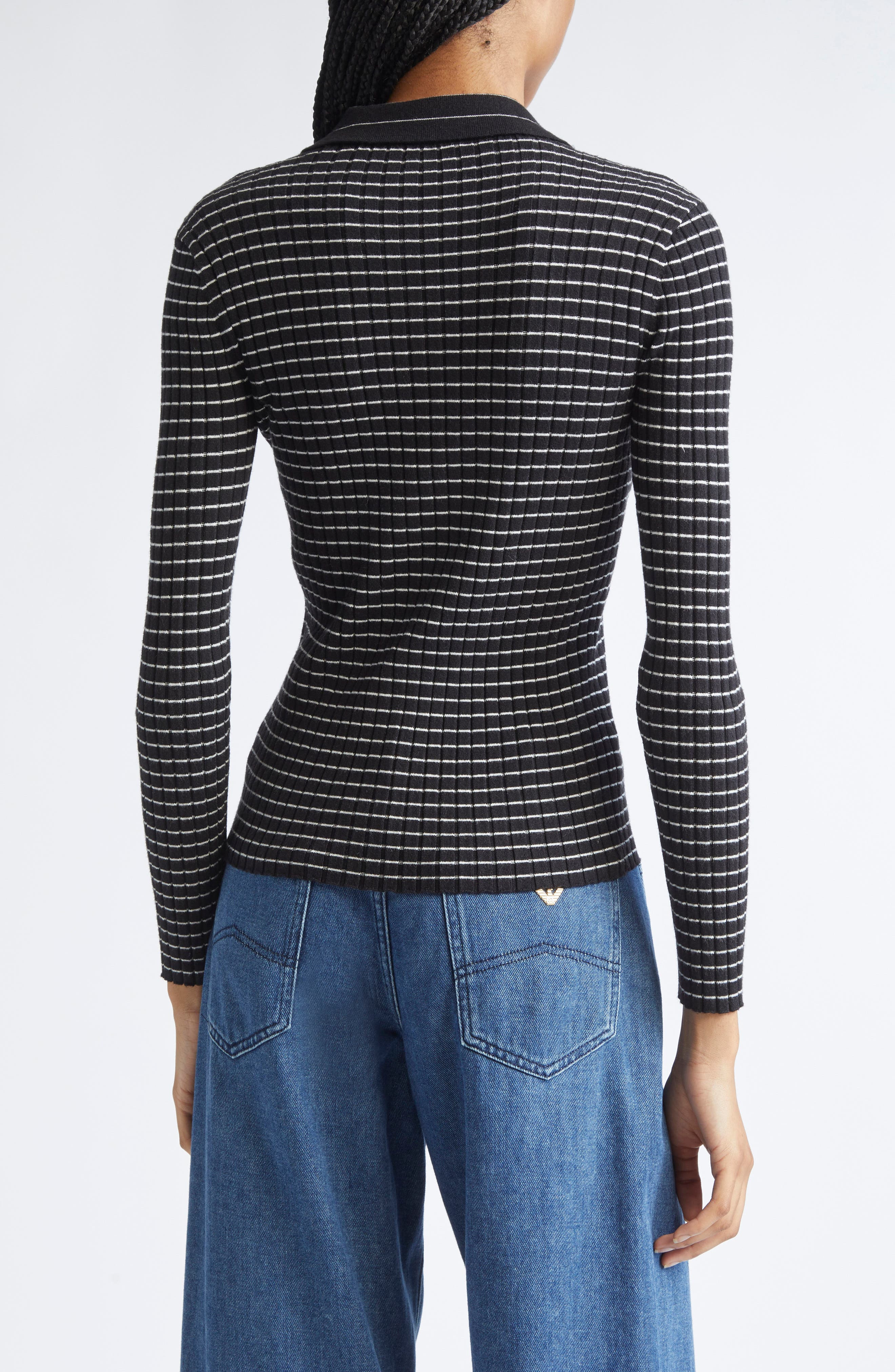 Emporio Armani Stripe Rib Collared Cardigan in Black at Nordstrom - 3