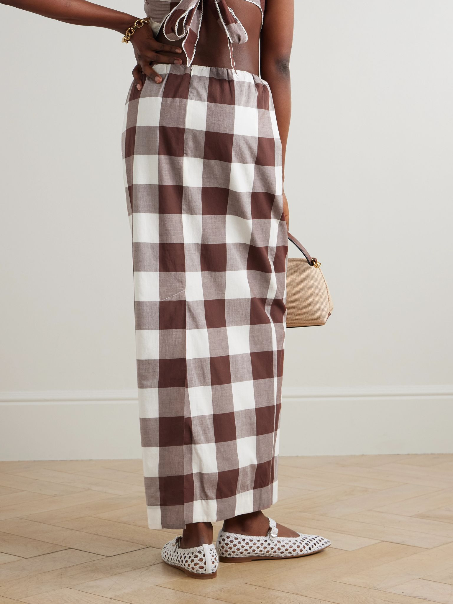 Mira gingham cotton-voile maxi skirt Brown - 3
