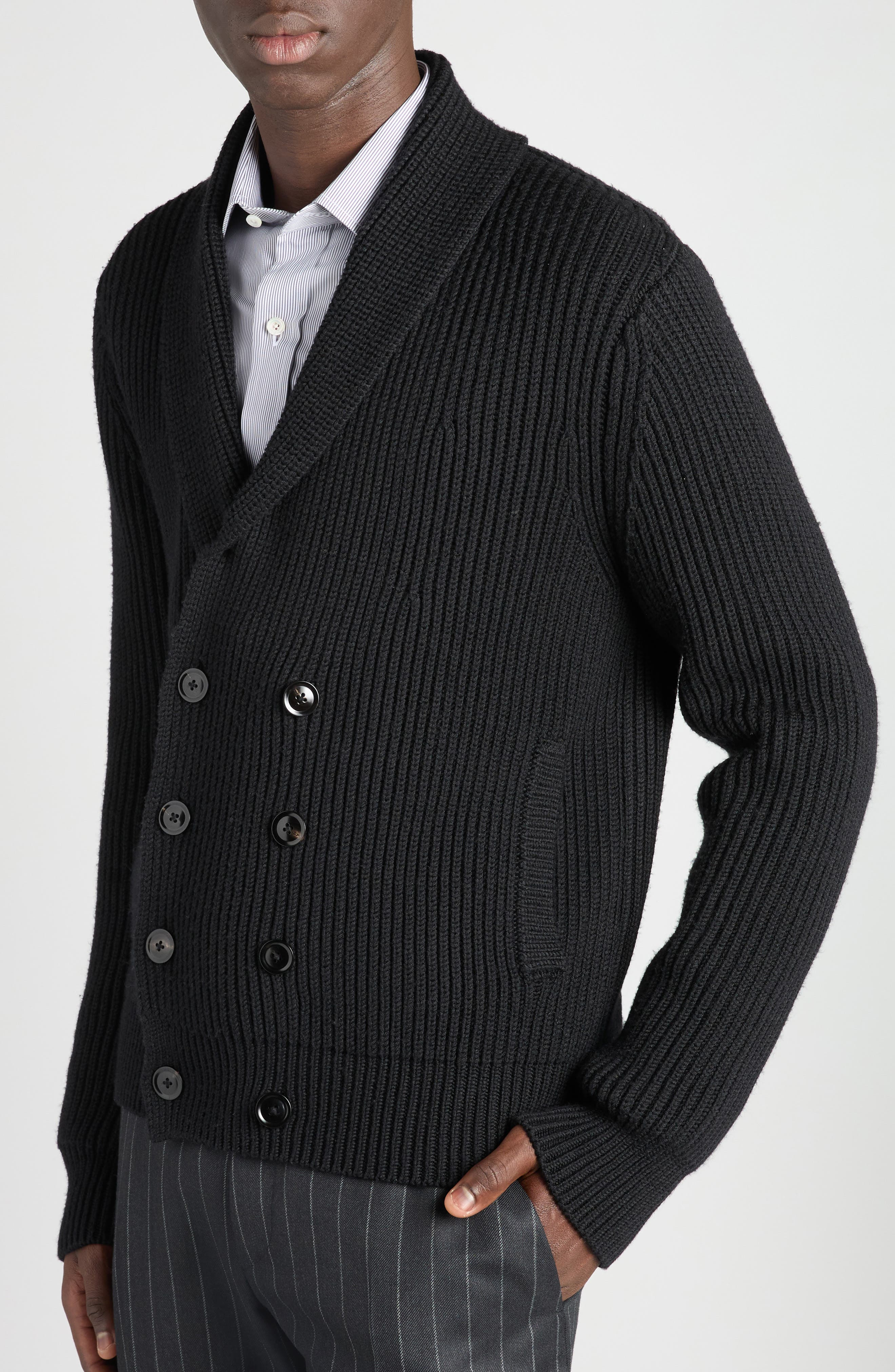 TOM FORD Double Breasted Shawl Collar Wool & Silk Cardigan in Lb999 Black at Nordstrom - 4