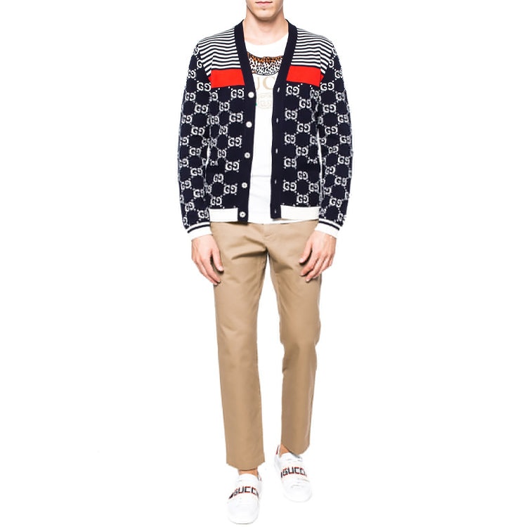 Gucci Classic Full Logo Stitching Wool Knitted Cardigan For Men Navy 523048-X9I07-4696 - 4
