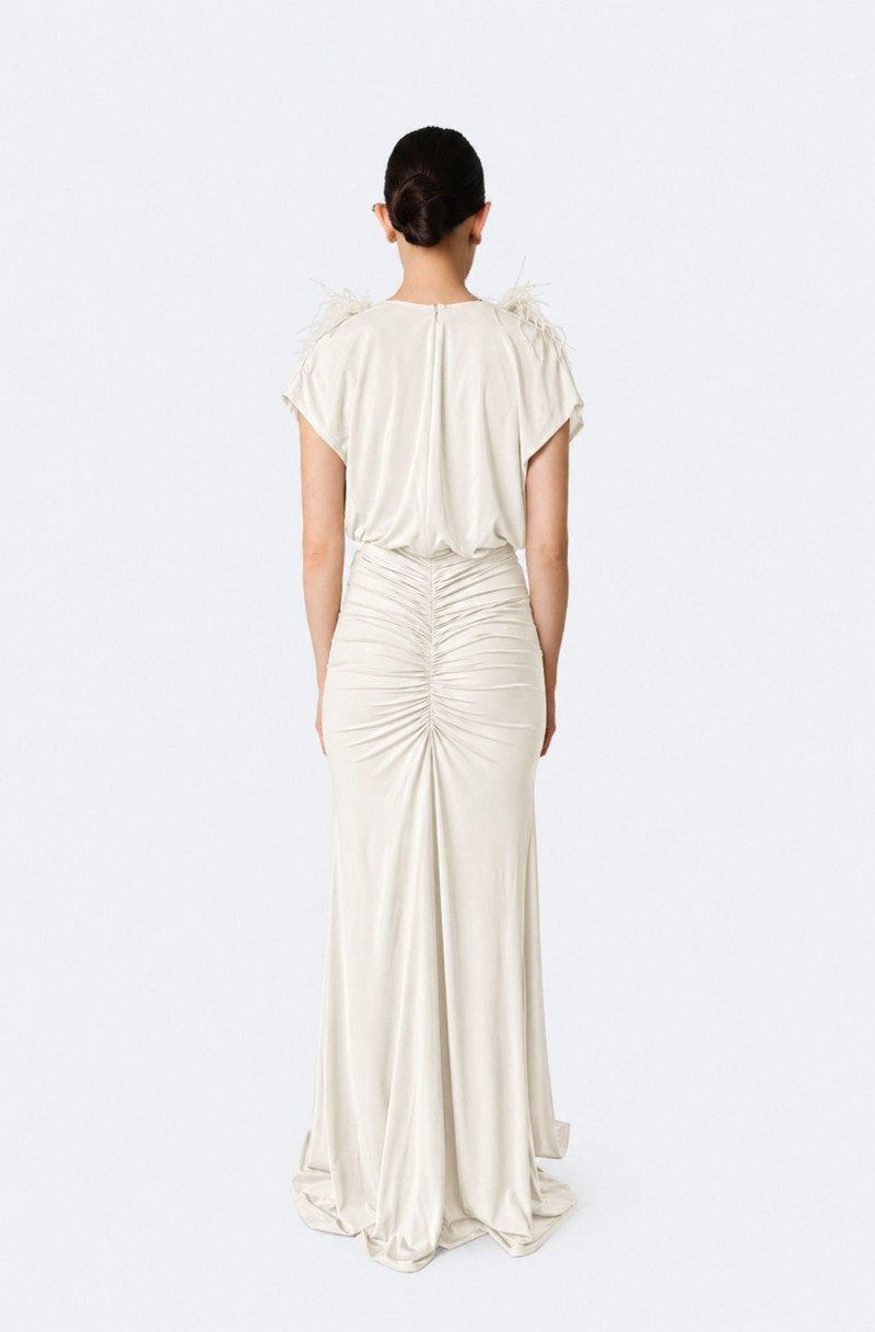 LAPOINTE Jersey V Neck Shirred Gown With Feathers outlook