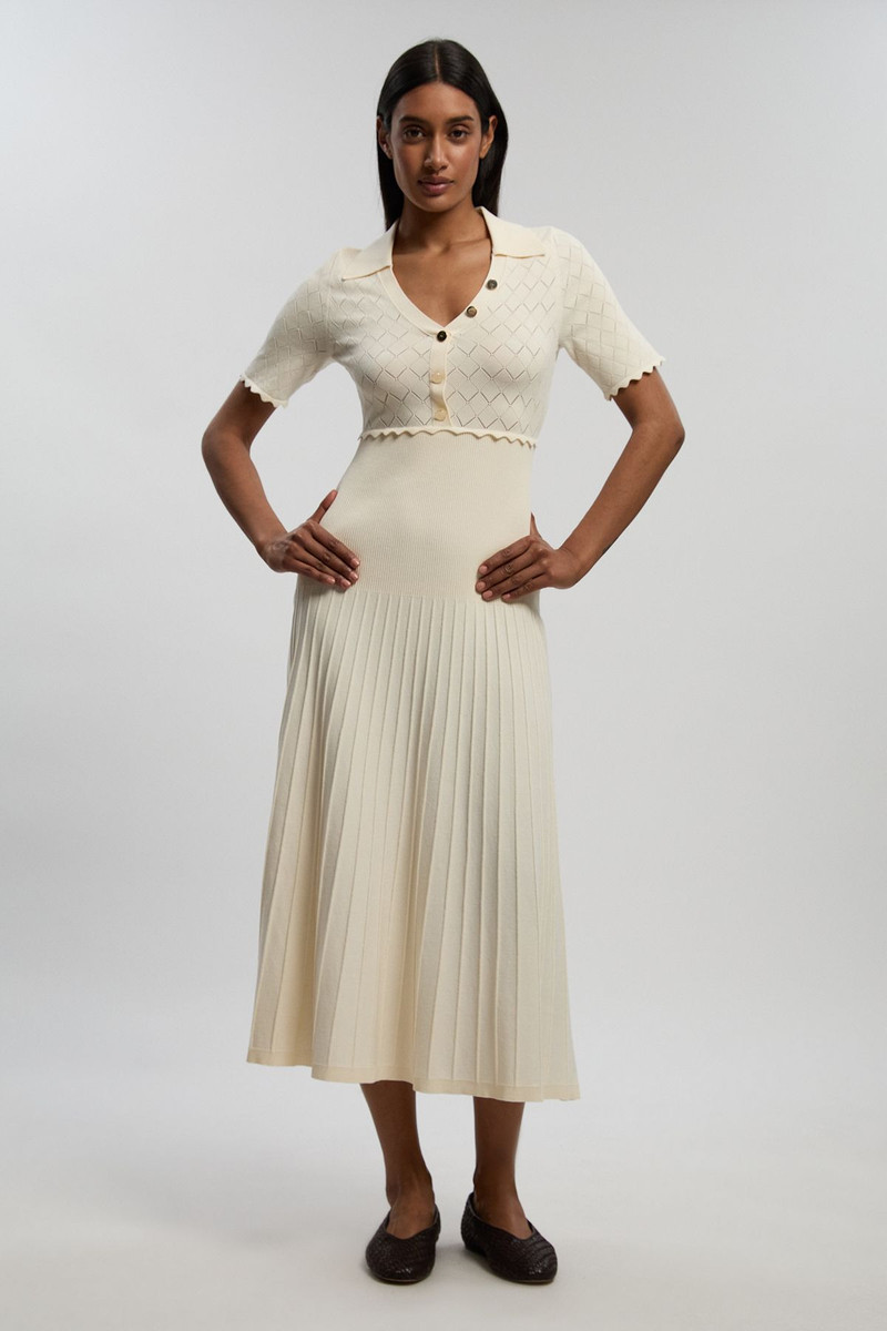 Petite Knit Stitch Detail Rib Collared Short Sleeve Midi Dress 1
