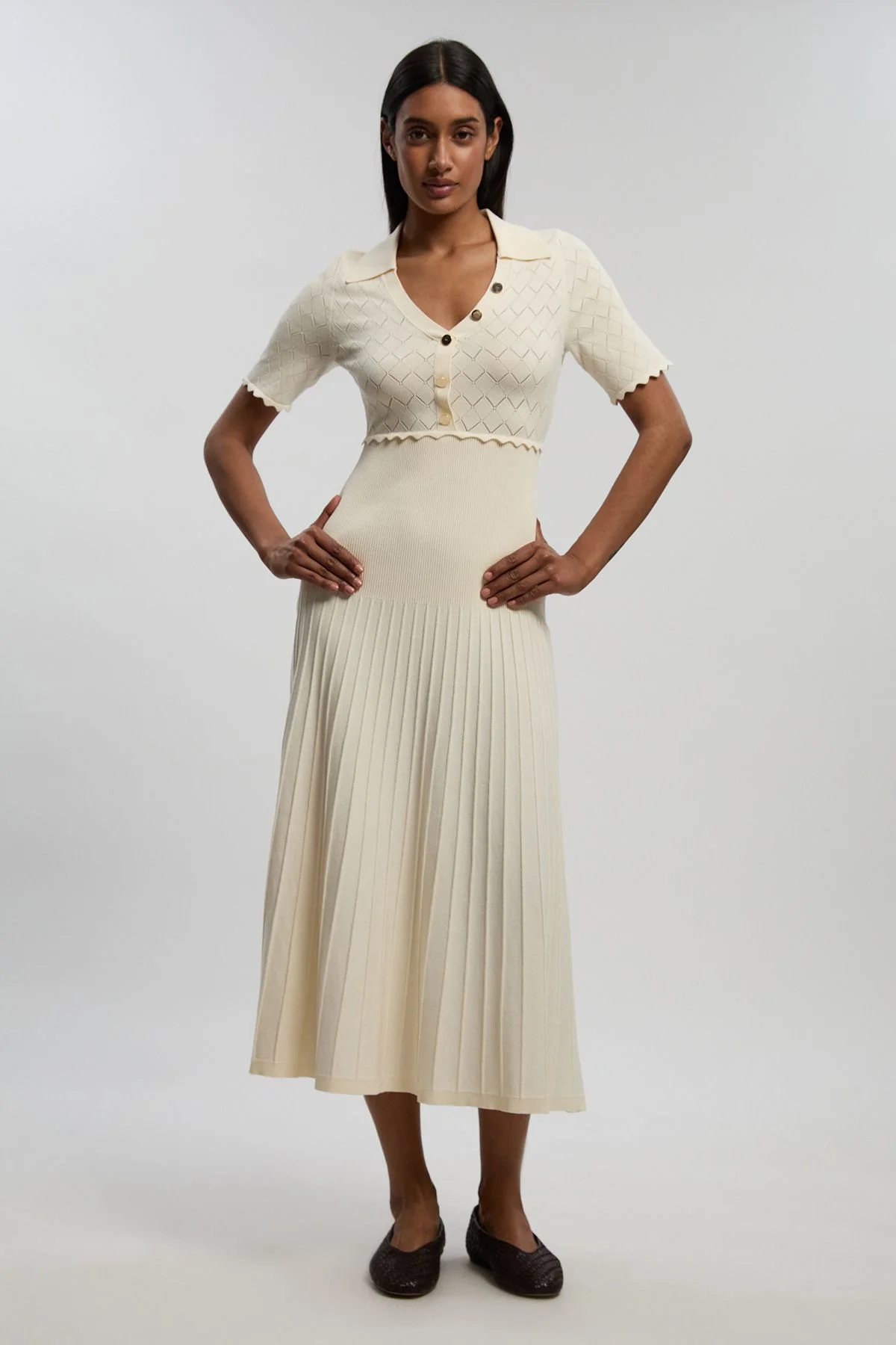 Petite Knit Stitch Detail Rib Collared Short Sleeve Midi Dress - 1