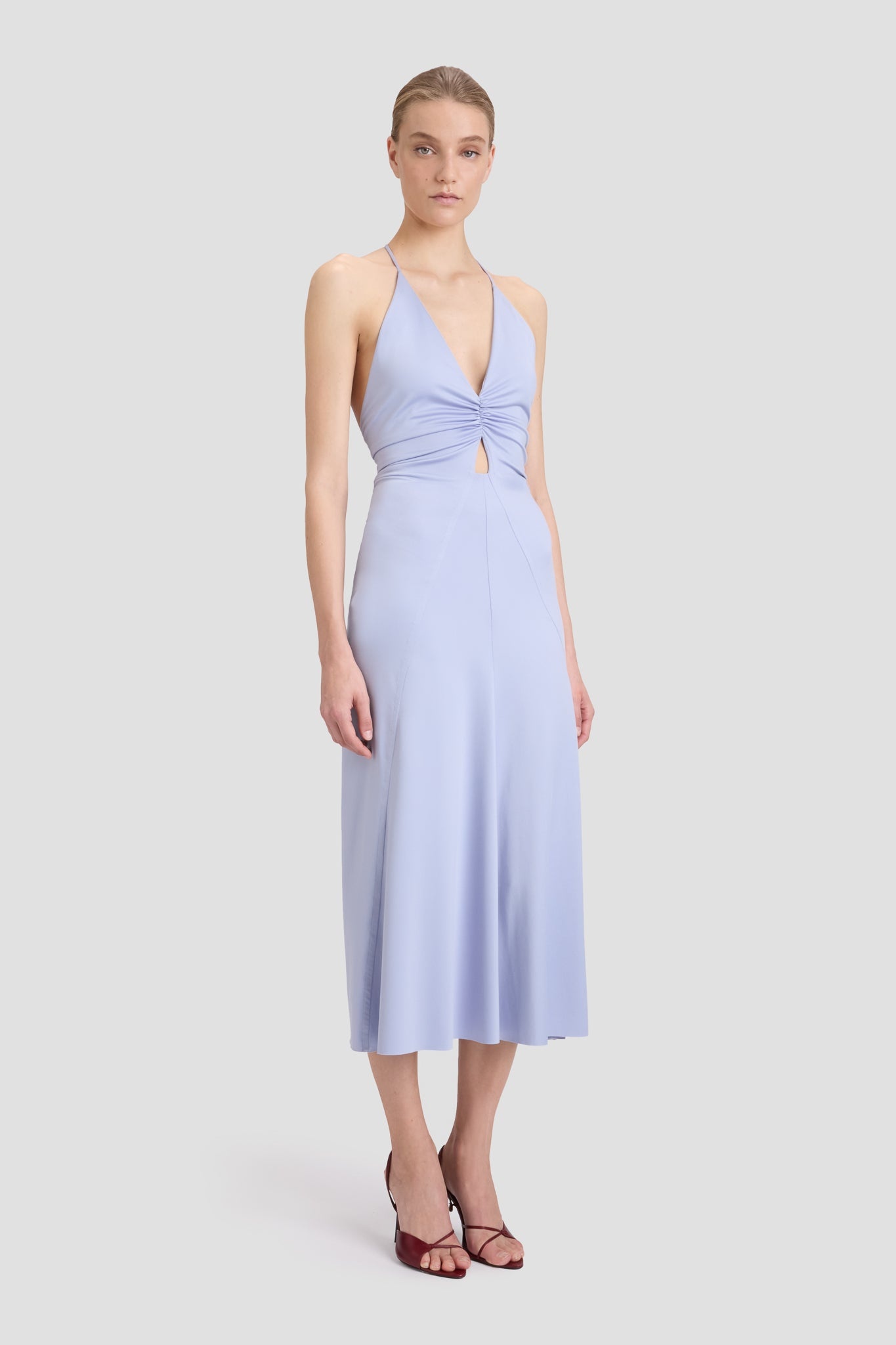 V-Neck Ruched Cami Midi Dress In Delphinium Blue - 3