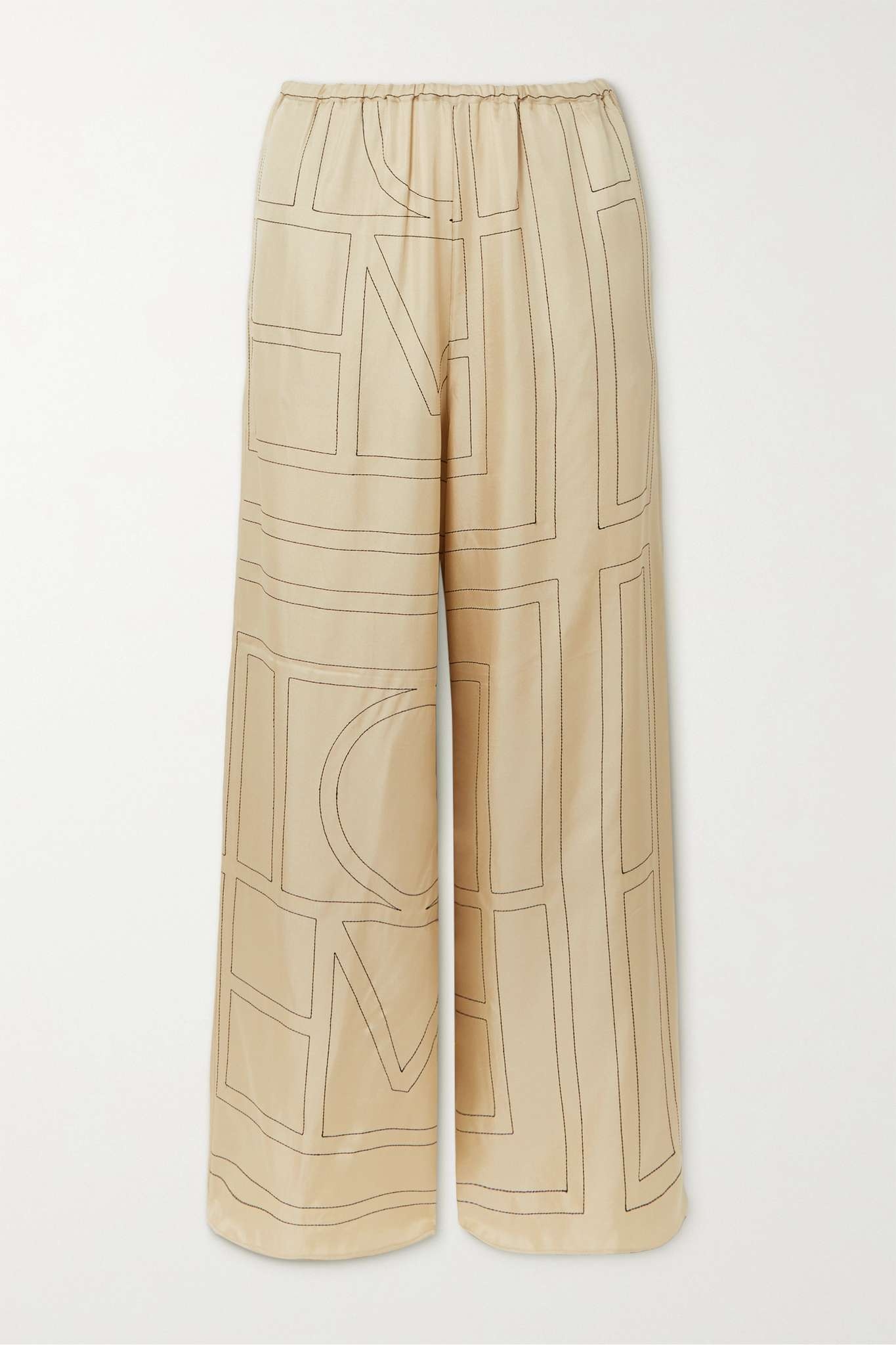 Embroidered silk-twill wide-leg pants - 1