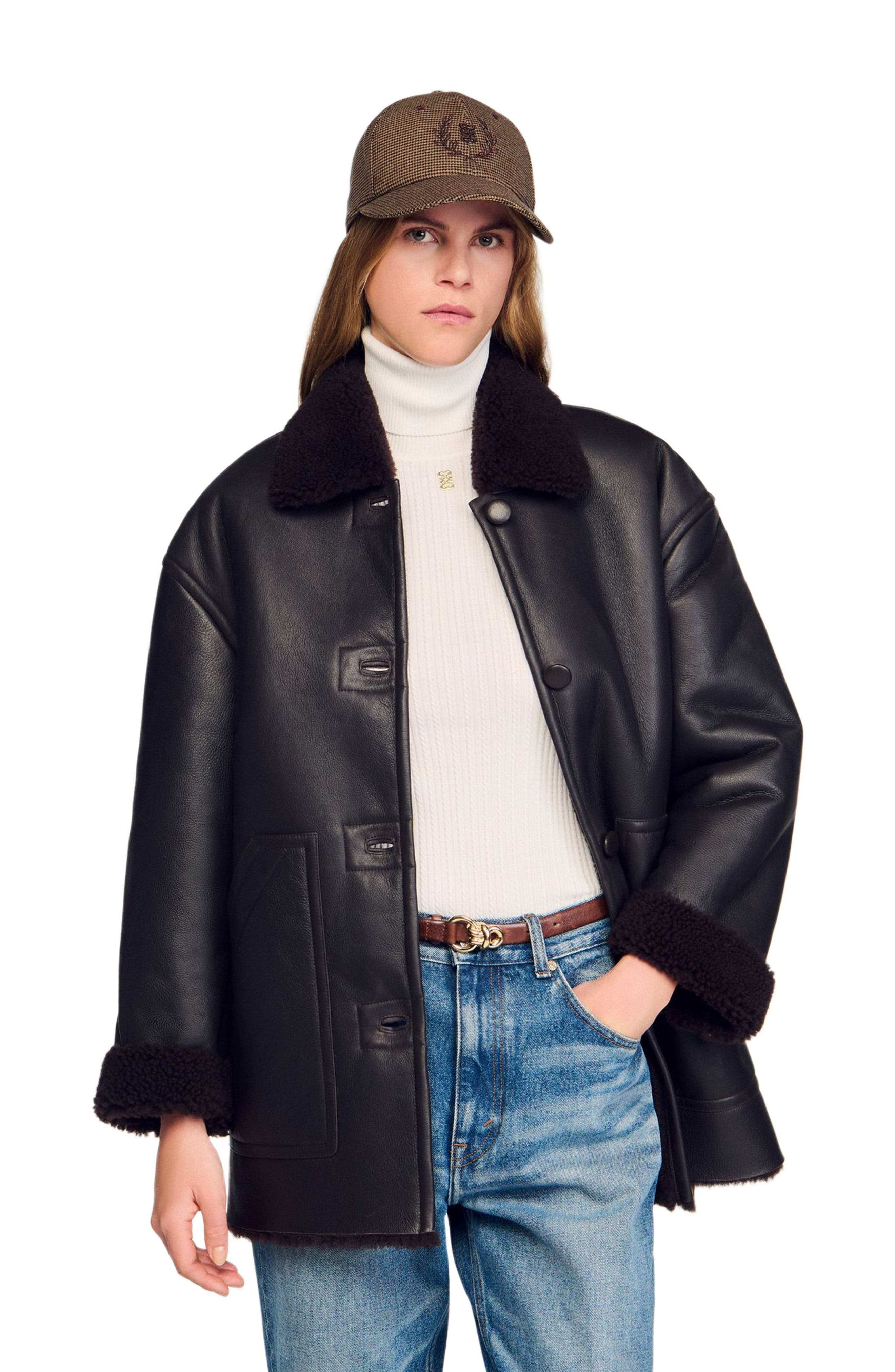 SANDRO Shearling coat in Black Brown at Nordstrom - 4