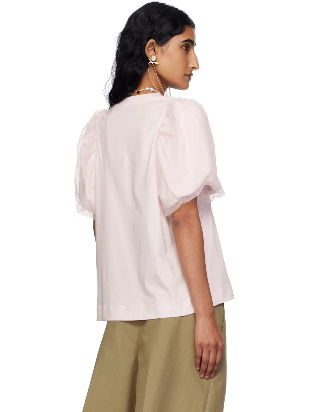 Pink Tulle Overlay Puff Sleeve T-shirt - 3