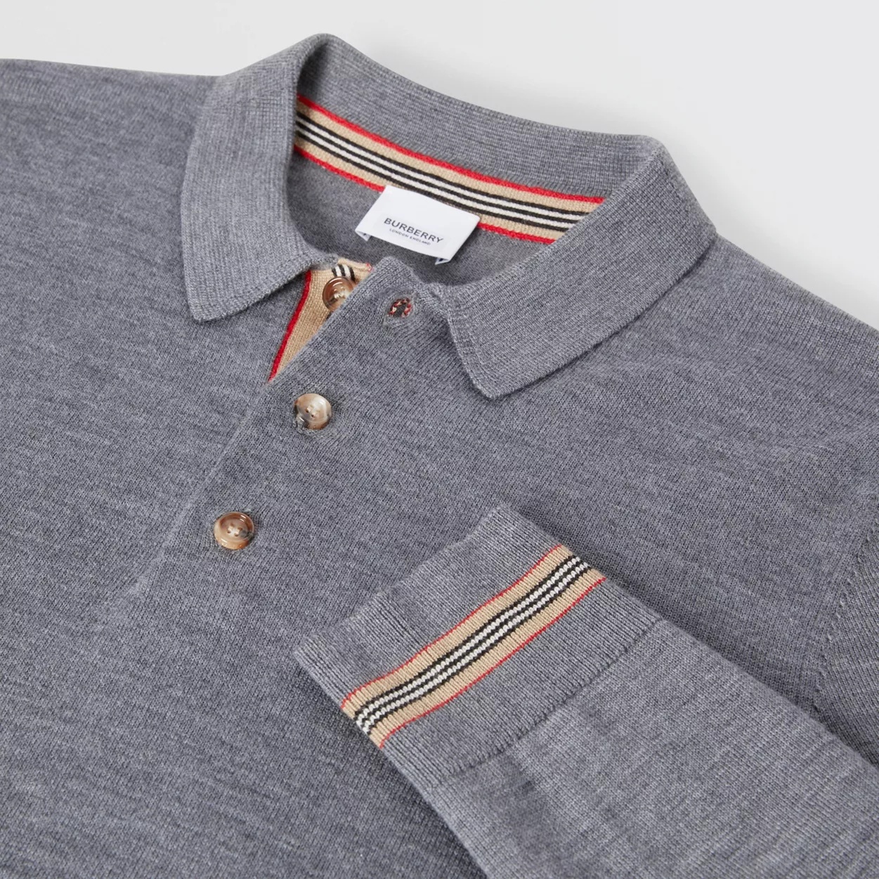 Long-sleeve Icon Stripe Detail Merino Wool Polo Shirt - 7