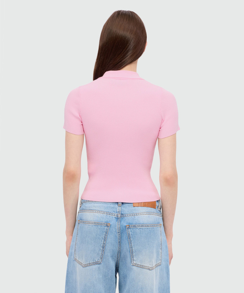 Pink ribbed techno-viscose polo shirt with contrast button detail 3