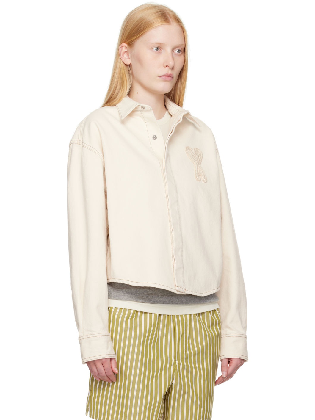 Beige Cotton Ami de Coeur Cropped Denim Shirt - 2