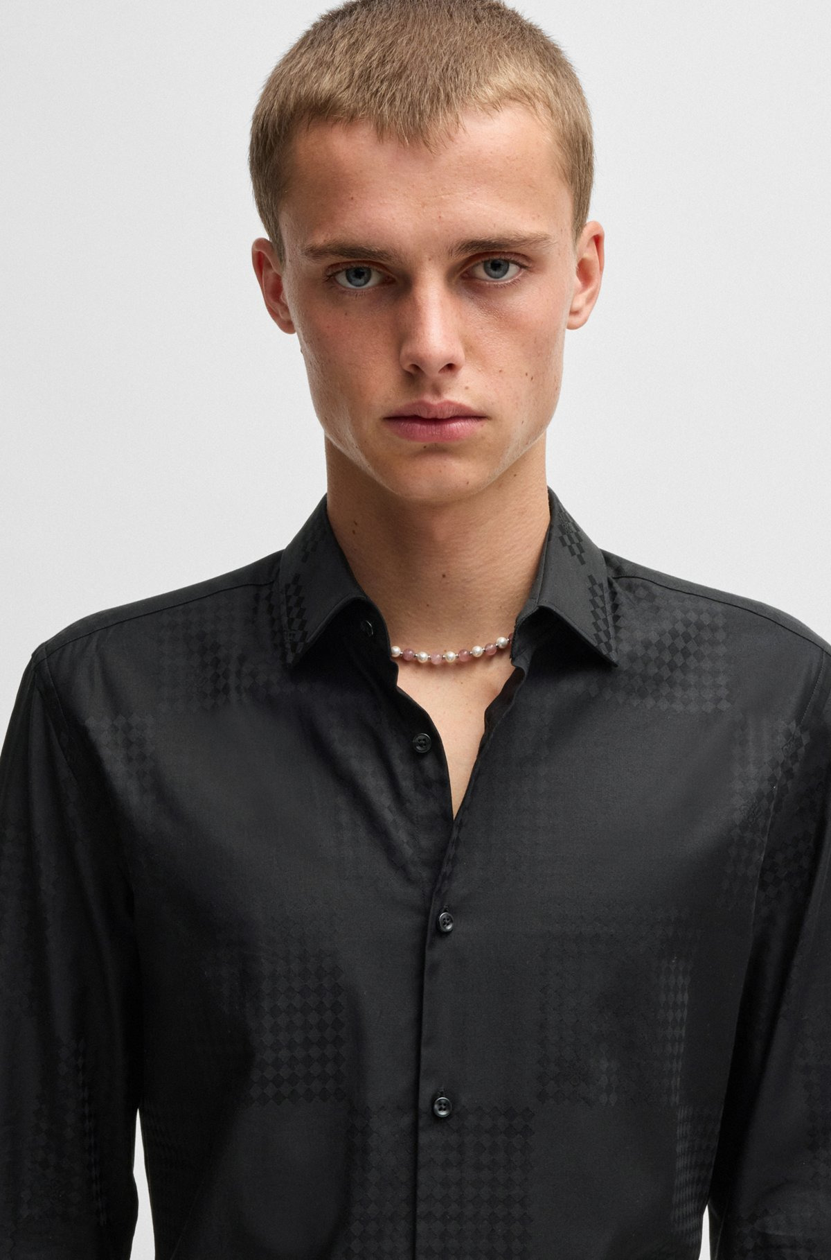 SLIM-FIT SHIRT IN COTTON JACQUARD WITH CHECKERBOARD PRINT - 3