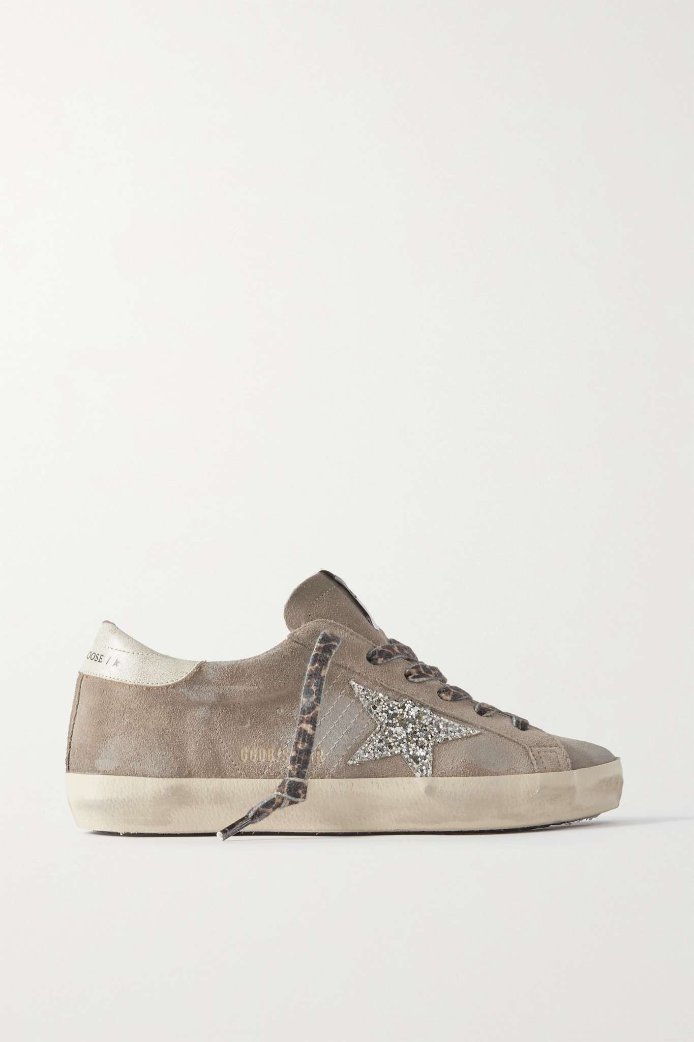 Super-Star leather-trimmed distressed glittered suede sneakers - 1