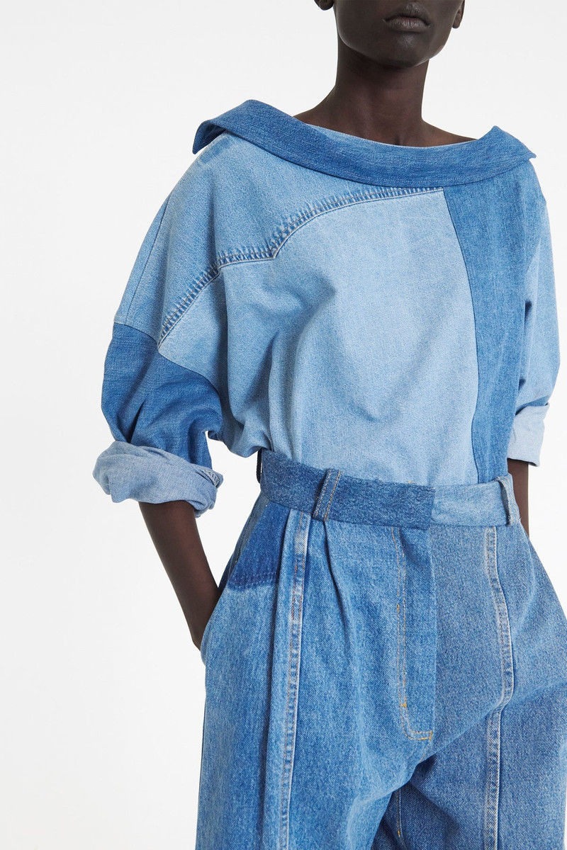 OFF SHOULDER UPCYCLED DENIM BACK TO FRONT SHIRT BLUE 3