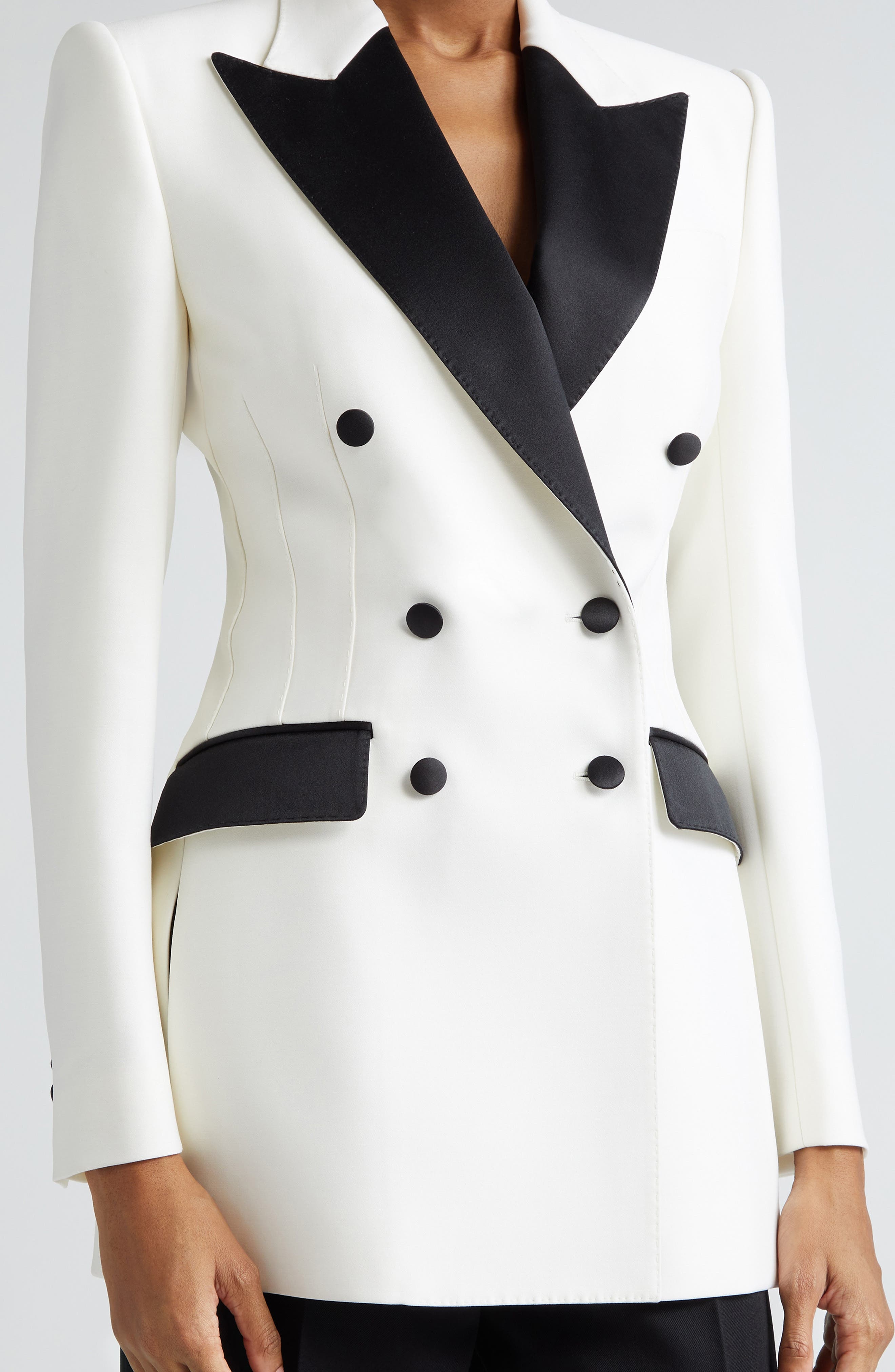 Contrast Detail Double Breasted Wool Blend Blazer - 5