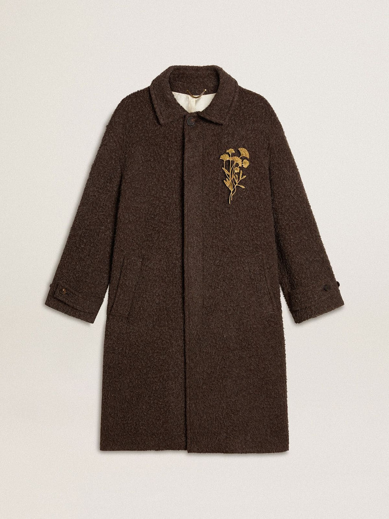 Men's single-breasted Journey coat in wrinkle wool blend with floral pin 1