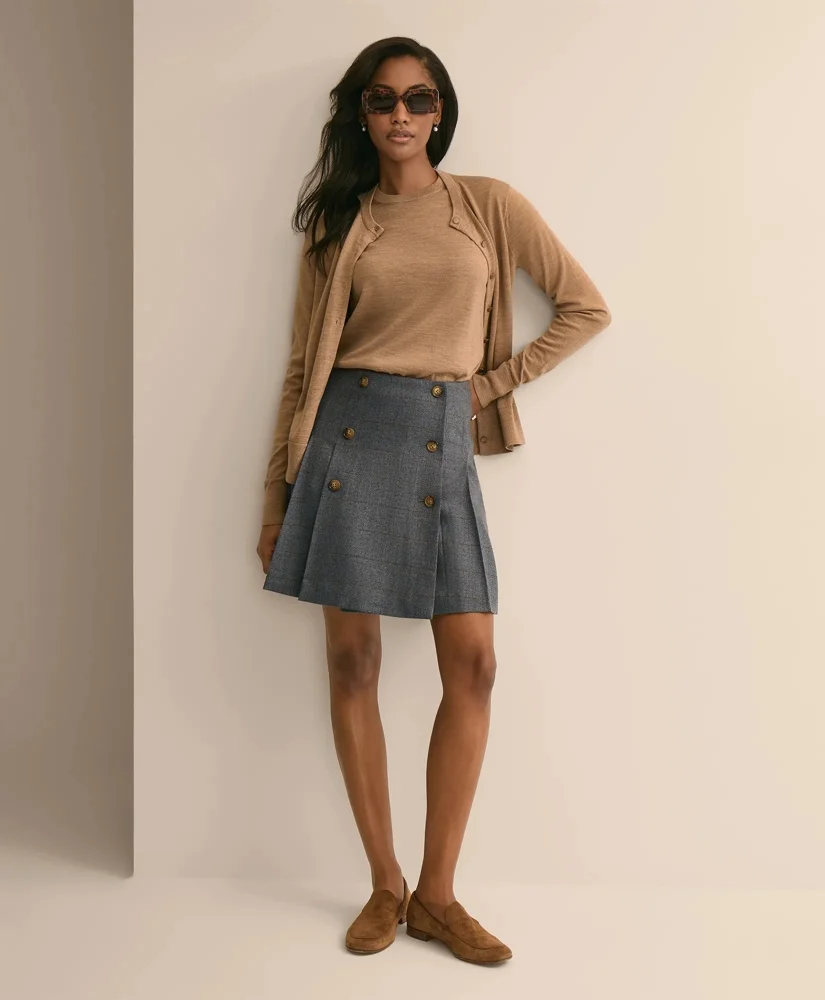 Wool Plaid Button-Front Pleated Skirt - 1