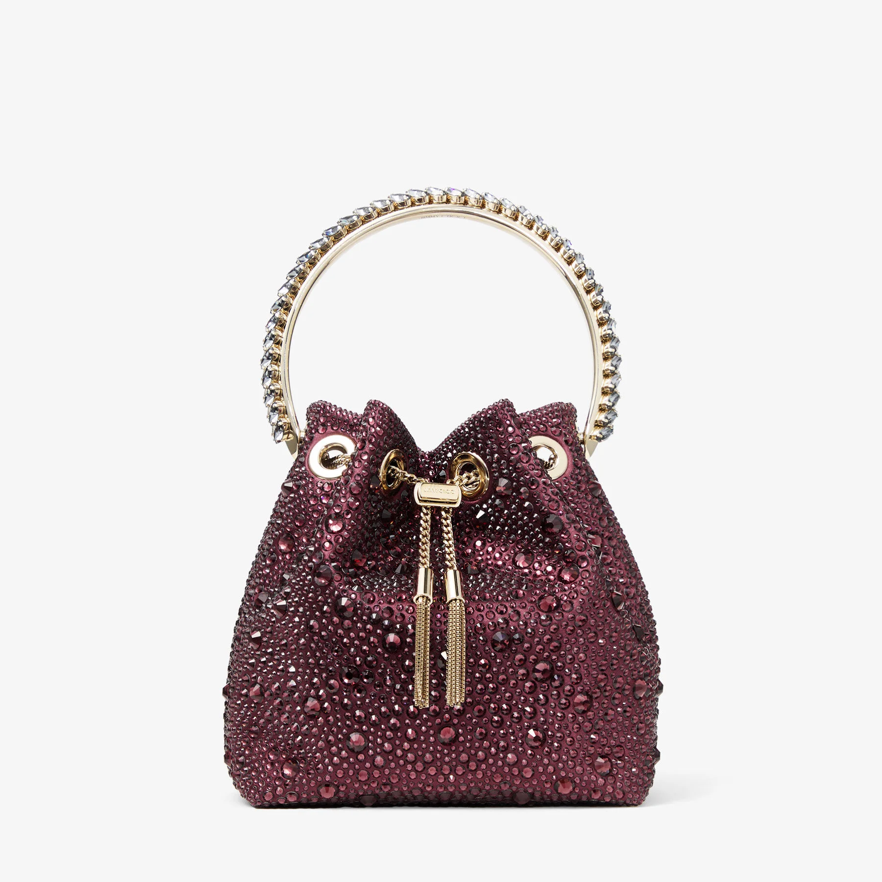 Bon Bon Deep Merlot Satin and Crystal Hotfix Bucket Bag with Crystal Handle - 1