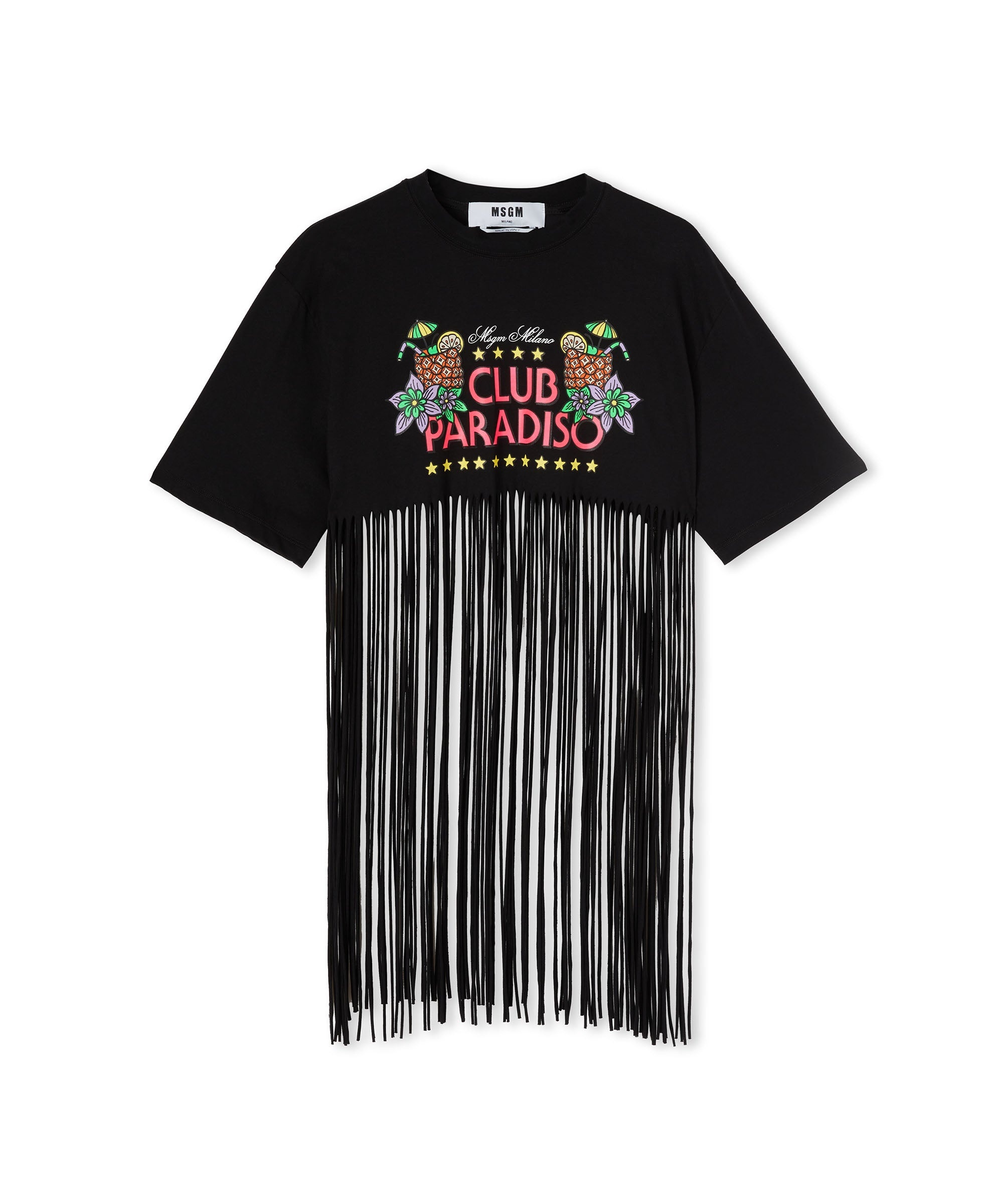 Cotton crewneck crop-top fringed t-shirt with "club paradiso" graphic - 1