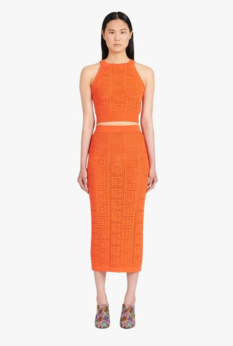 Mid-length dark orange eco-designed knit skirt with Balmain monogram 4
