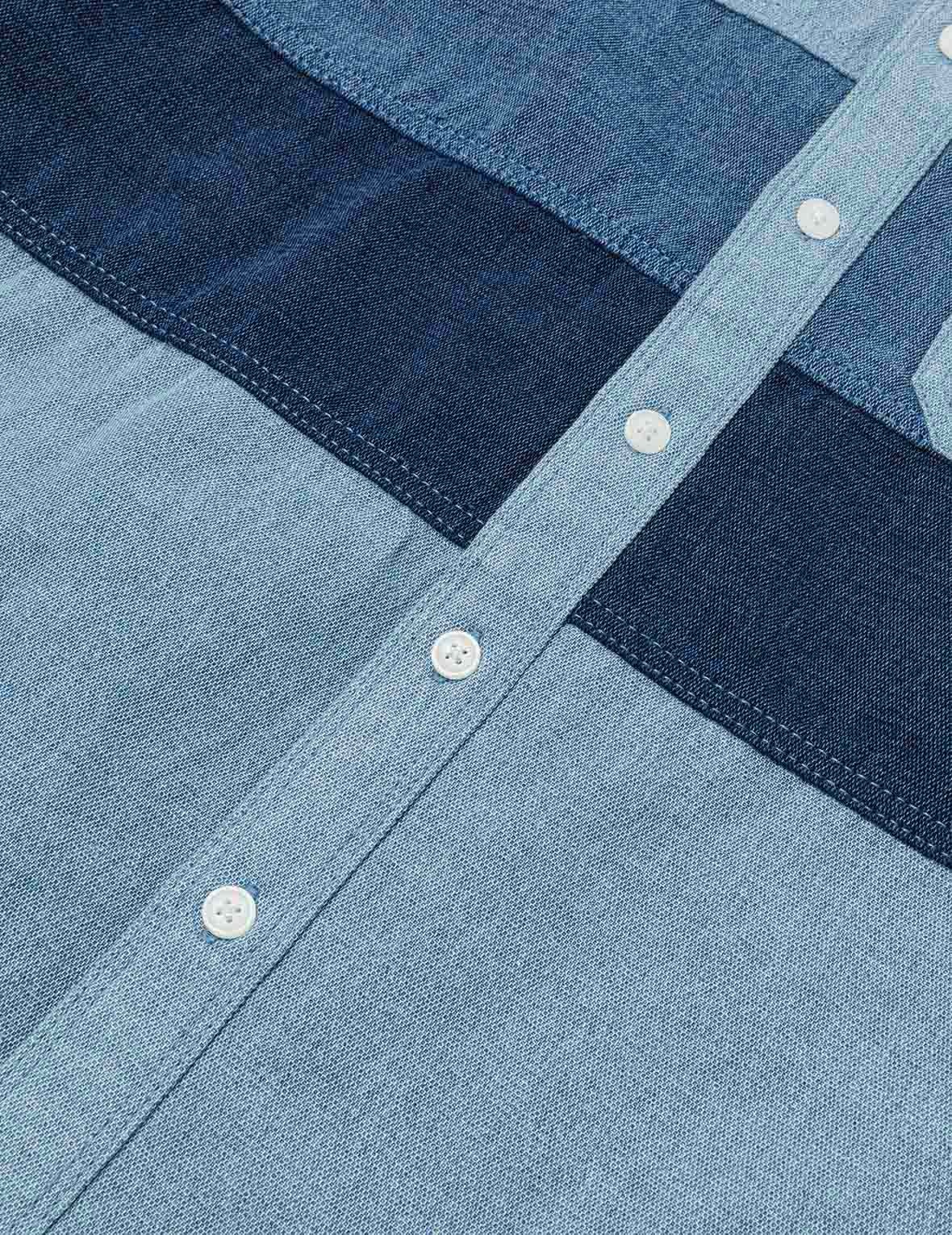 Panel Design Fashion Fit Denim Short-Sleeves Shirt - 7