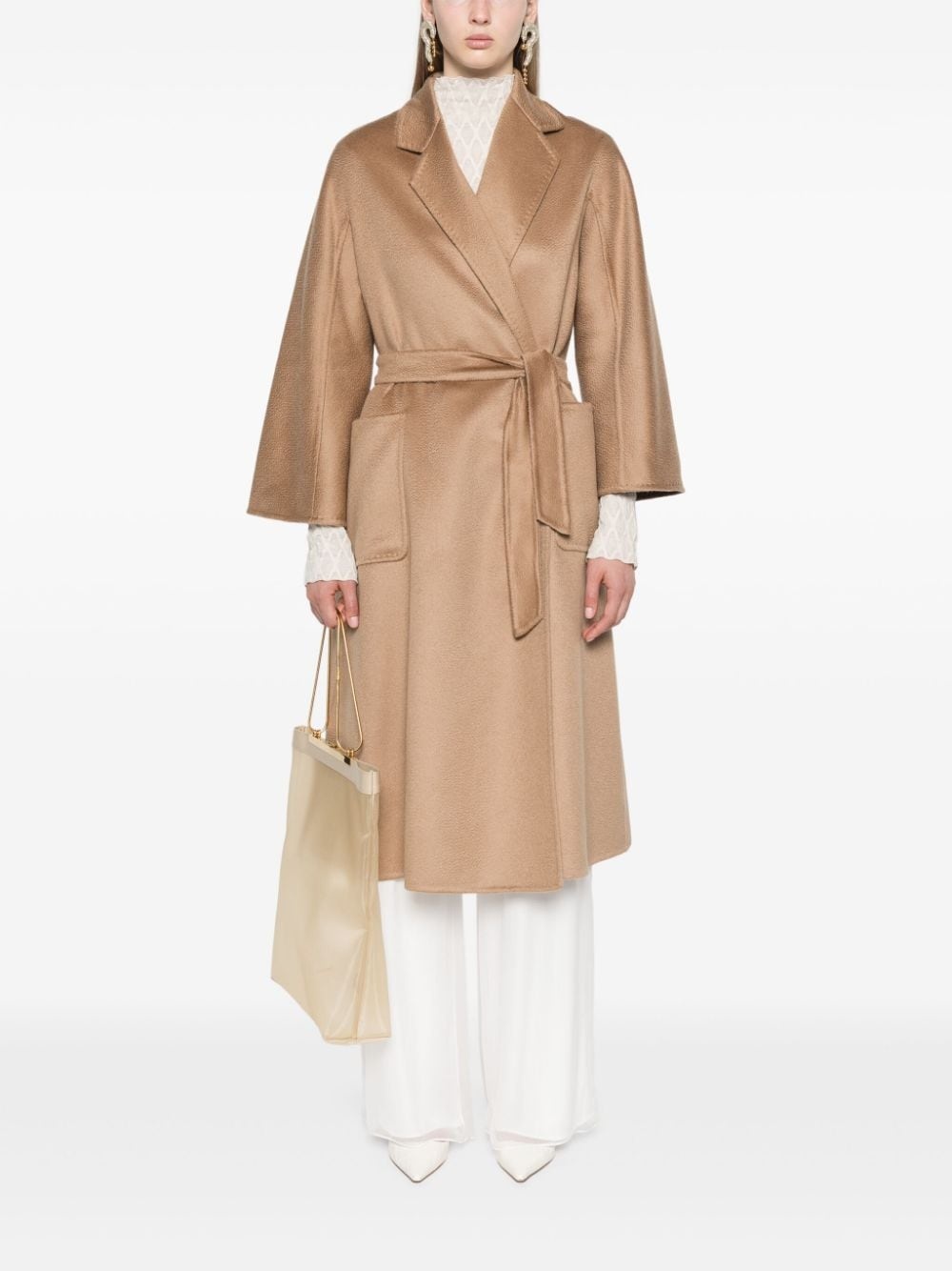 notched-lapels belted coat - 2