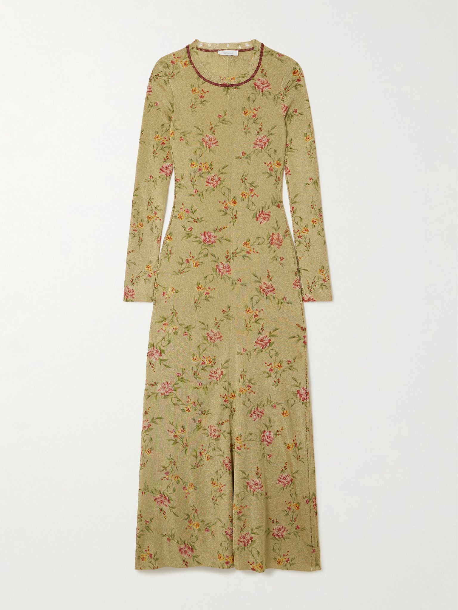Distressed floral-print metallic knitted maxi dress Gold - 1