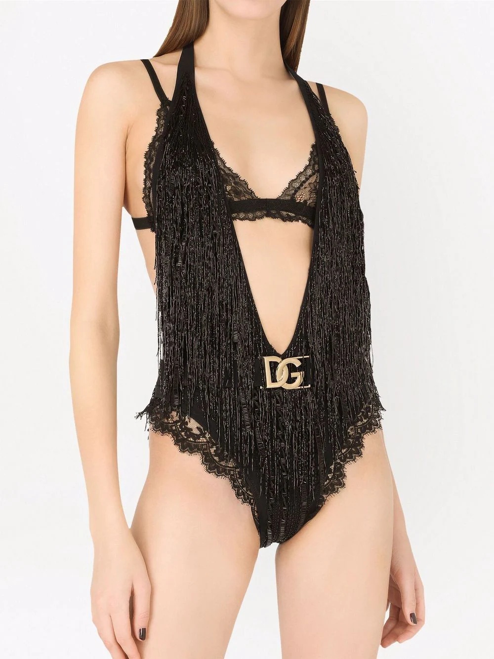 plunging V-neck logo-plaque swimsuit - 3