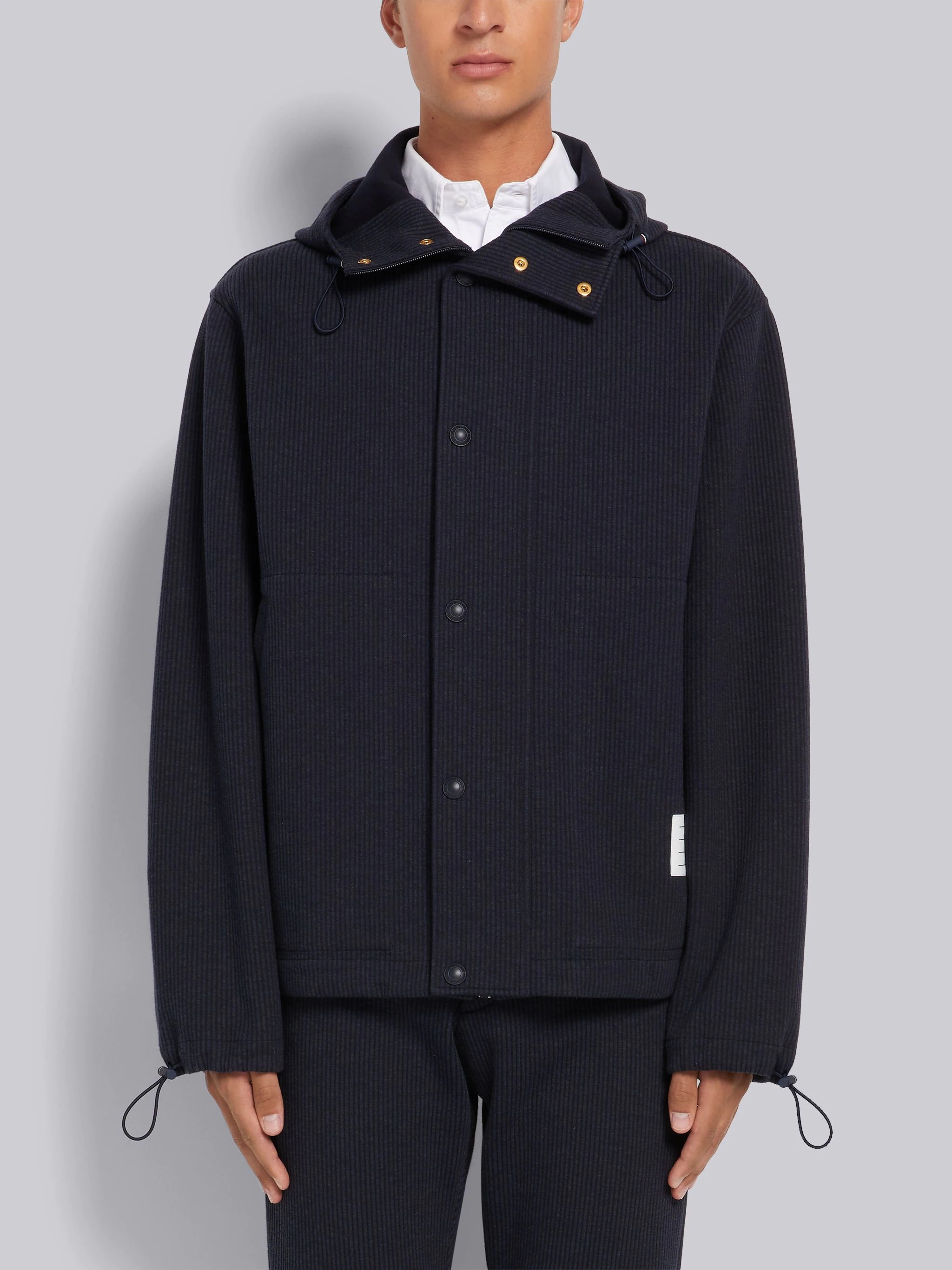 Navy Double Face Tech Seersucker Snap Front Hooded Parka - 1