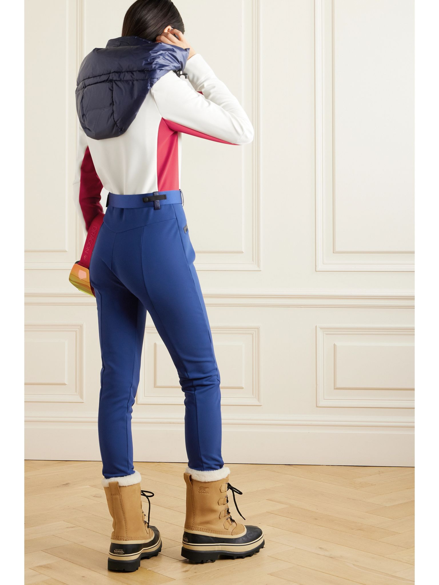 Hooded belted color-block down ski suit White - 3