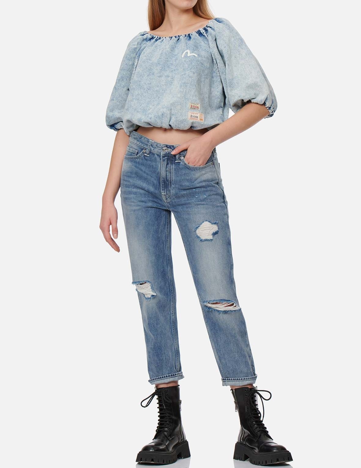 PUFF-SLEEVES CROPPED DENIM BLOUSE - 6