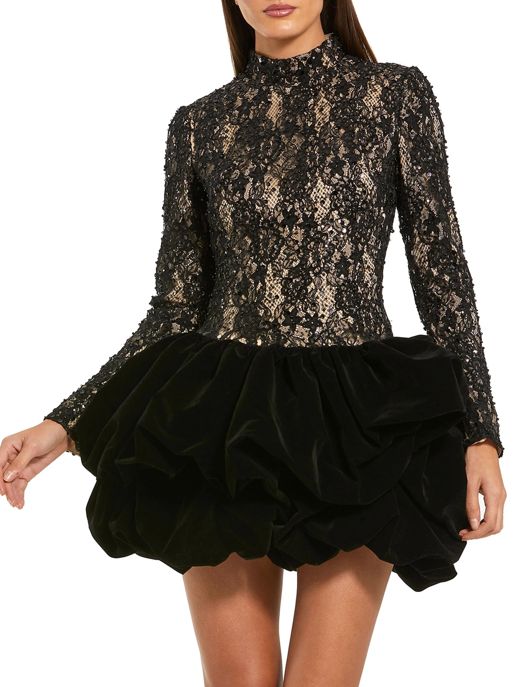 Women's Sequined Lace & Velvet Bubble-Hem Minidress - Black - 1