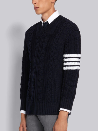 Thom Browne Navy Fine Merino Wool Aran Cable 4-Bar Classic V-neck Pullover outlook