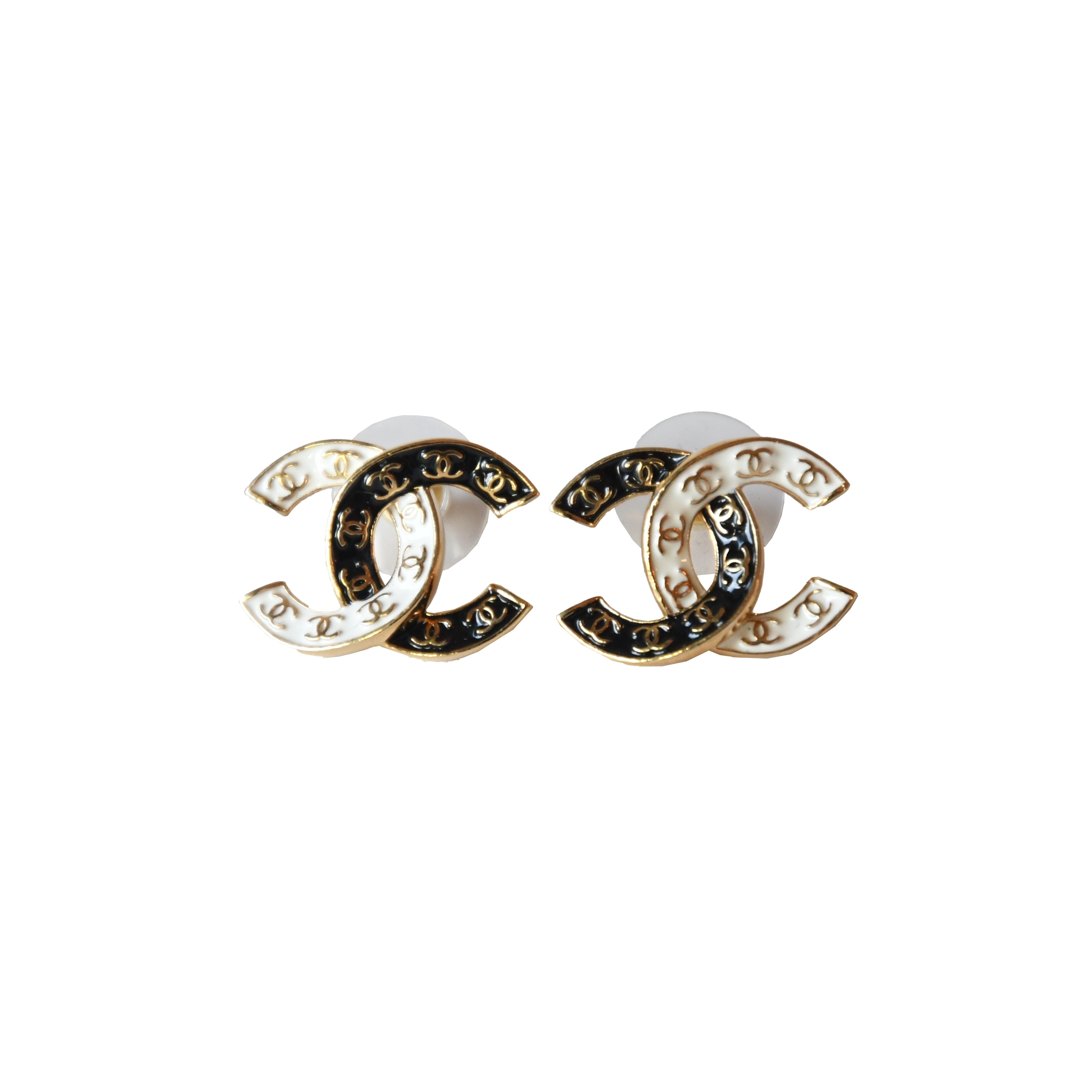 Chanel Two Tone CC Enamel Stud Earrings Gold Black White - 2