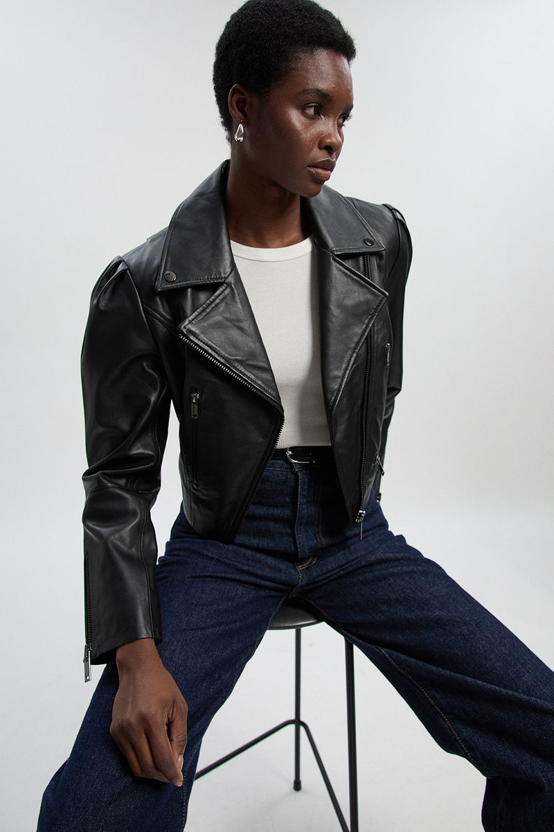 Leather Strong Shoulder Crop Biker Jacket 1