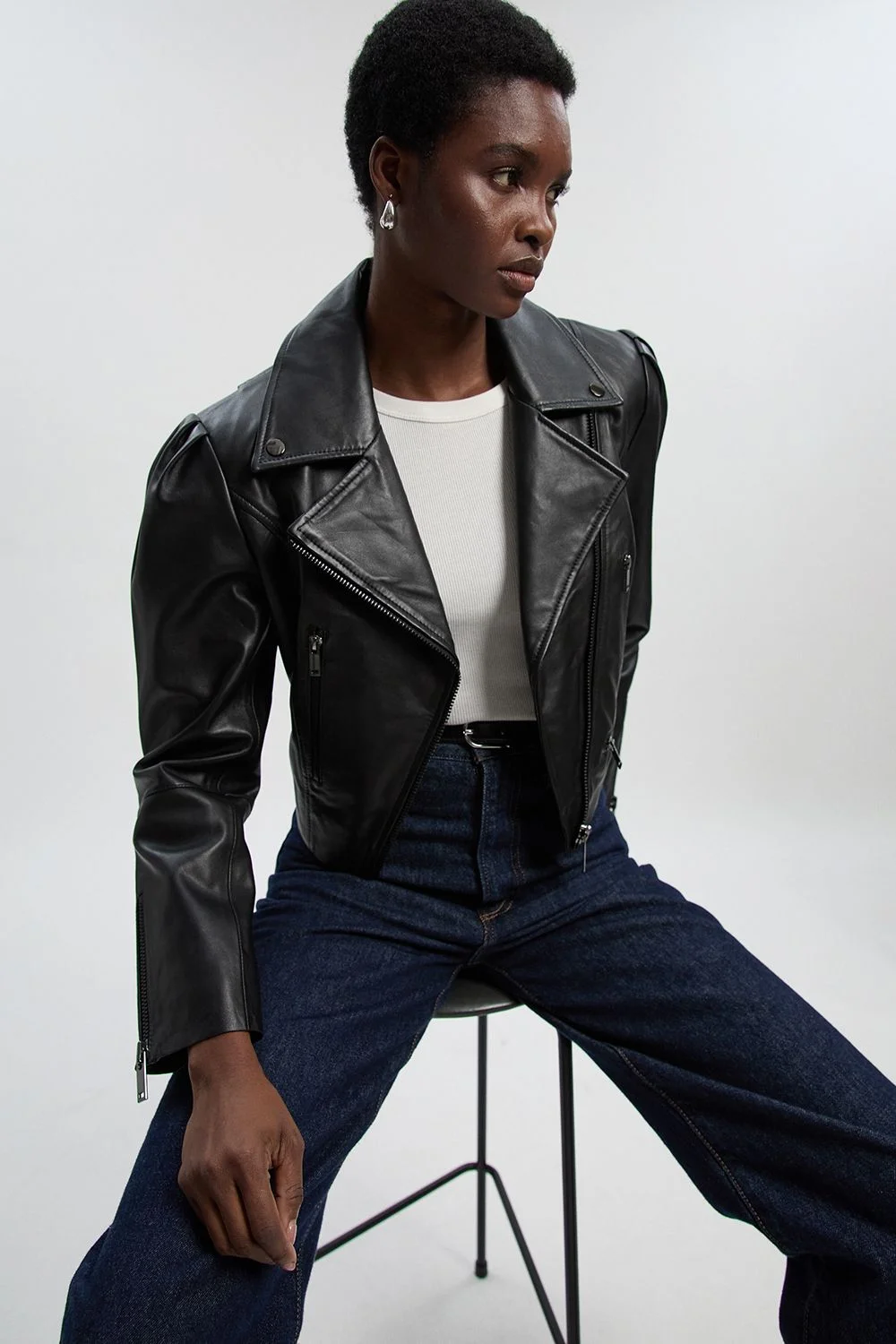 Leather Strong Shoulder Crop Biker Jacket - 1