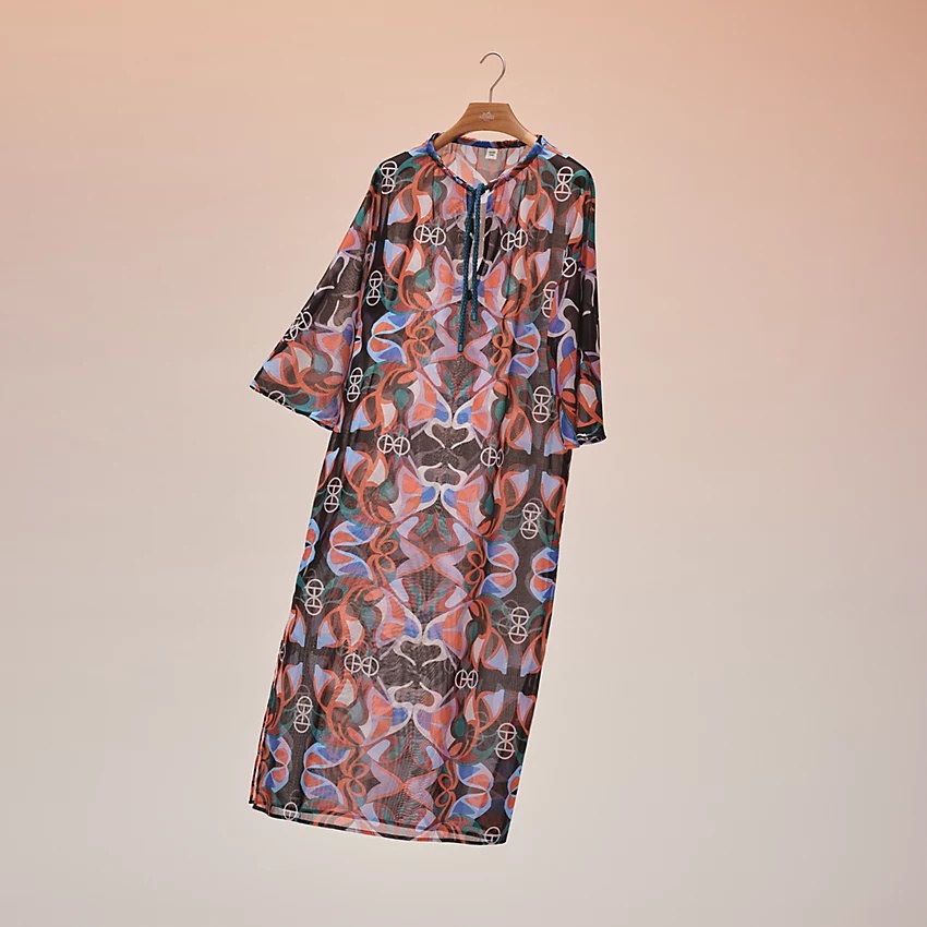 "Fleurs Miroir H Rond" long beach caftan - 4