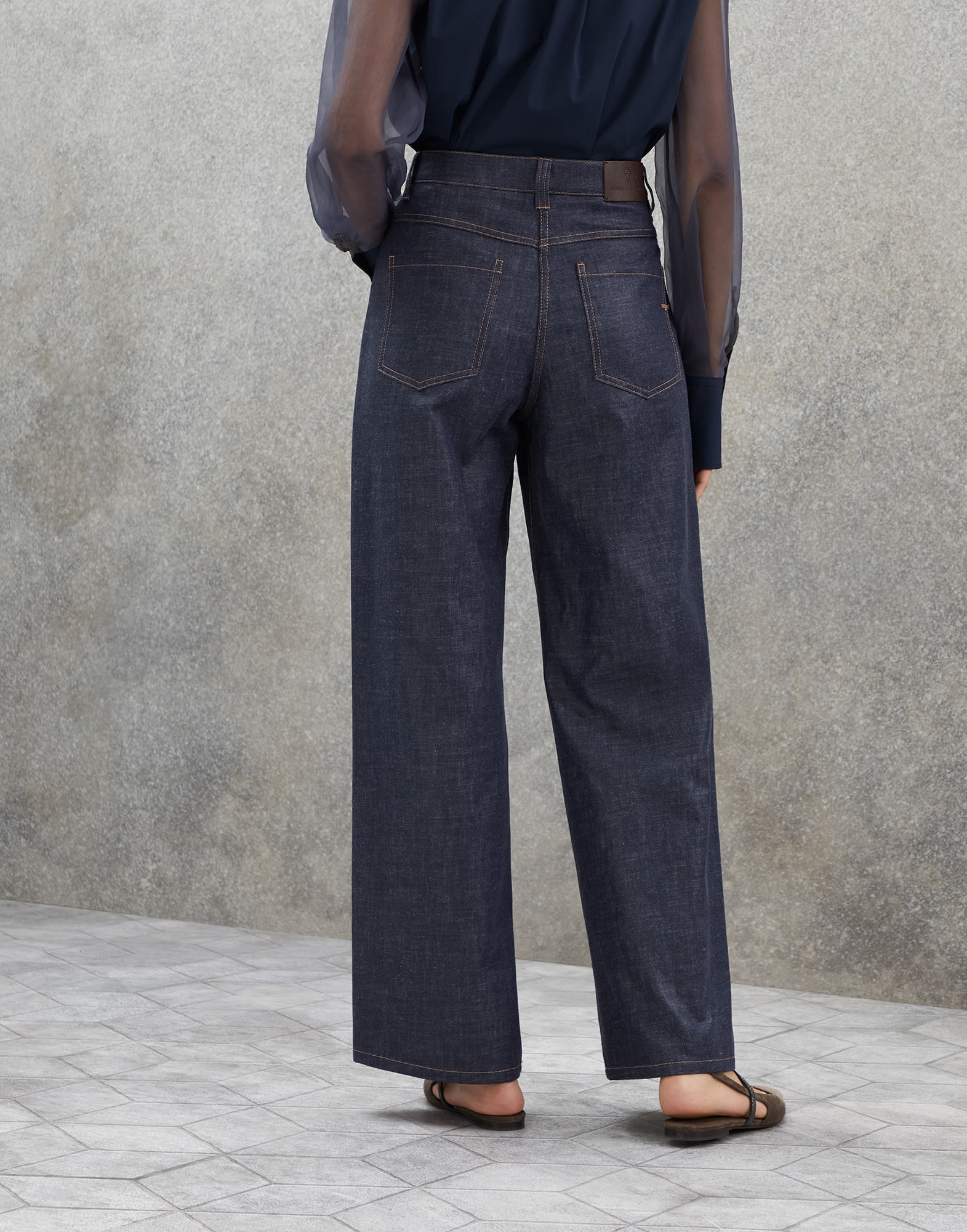 Lightweight wet-effect denim loose five-pocket trousers with shiny bartack - 2
