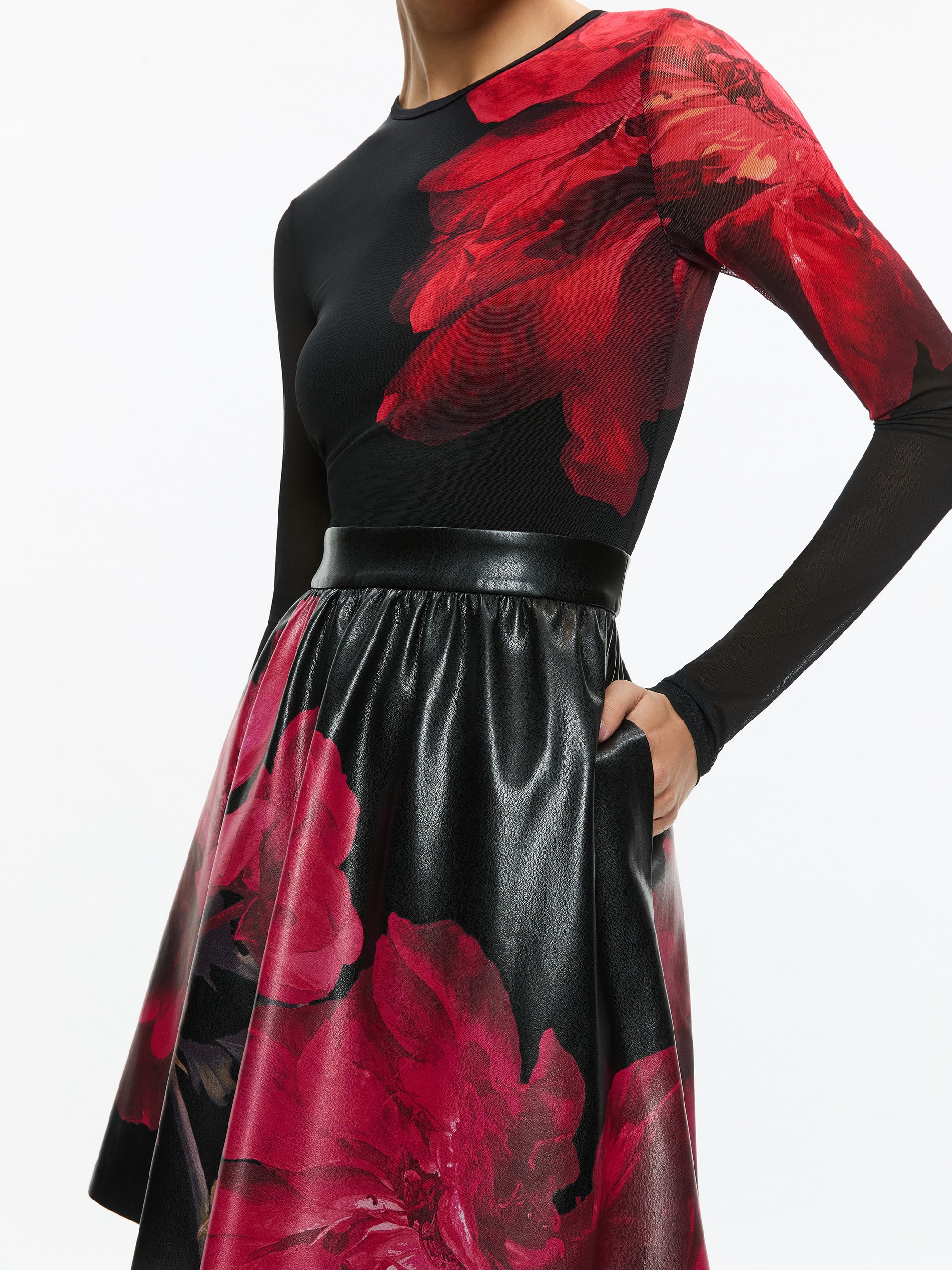 CHARA VEGAN LEATHER CREW NECK LONG SLEEVE GATHERED DRESS - 3