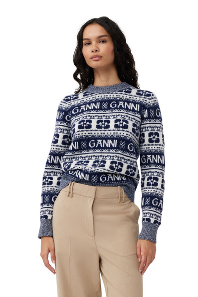 GANNI BLUE LOGO WOOL MIX O-NECK PULLOVER outlook