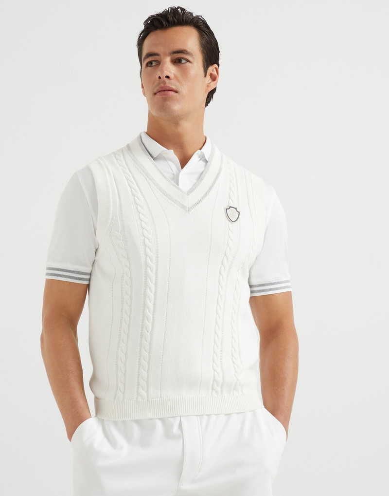 Cotton cable knit sweater vest with logo 1