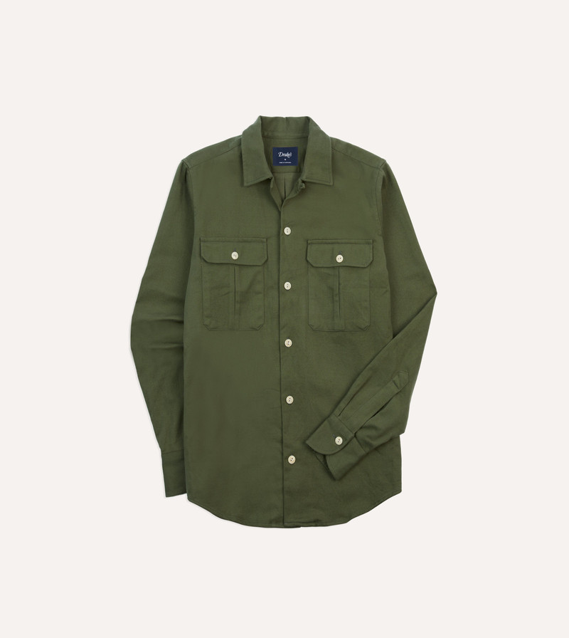 Olive Brushed Cotton Twill Two-Pocket Camp Collar Work Shirt 1