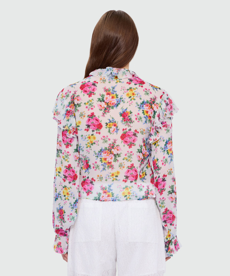 White viscose georgette blouse with floral print and ruffled collar 3