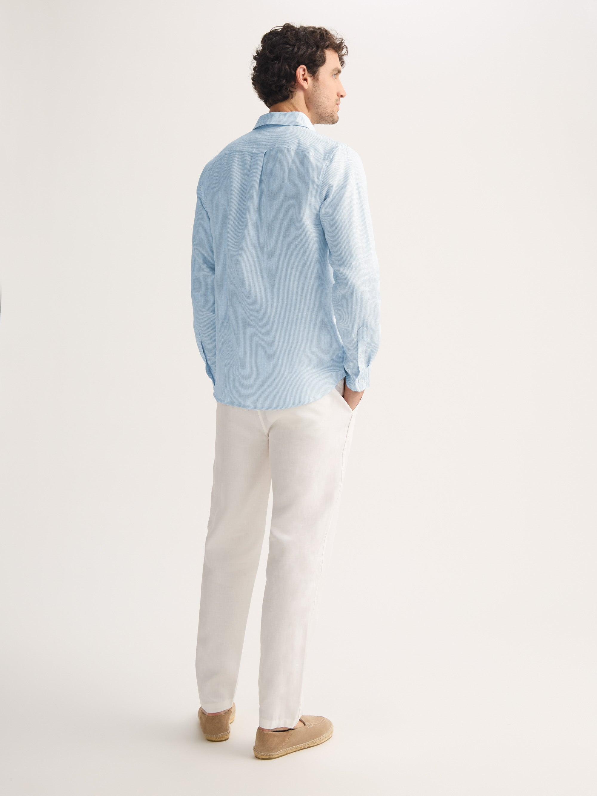 Men's Long Sleeve Shirt Malibu Woven Linen Light Blue and White Stripe - 4