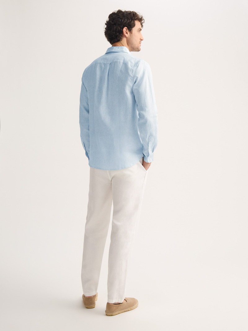 Men's Long Sleeve Shirt Malibu Woven Linen Light Blue and White Stripe 4