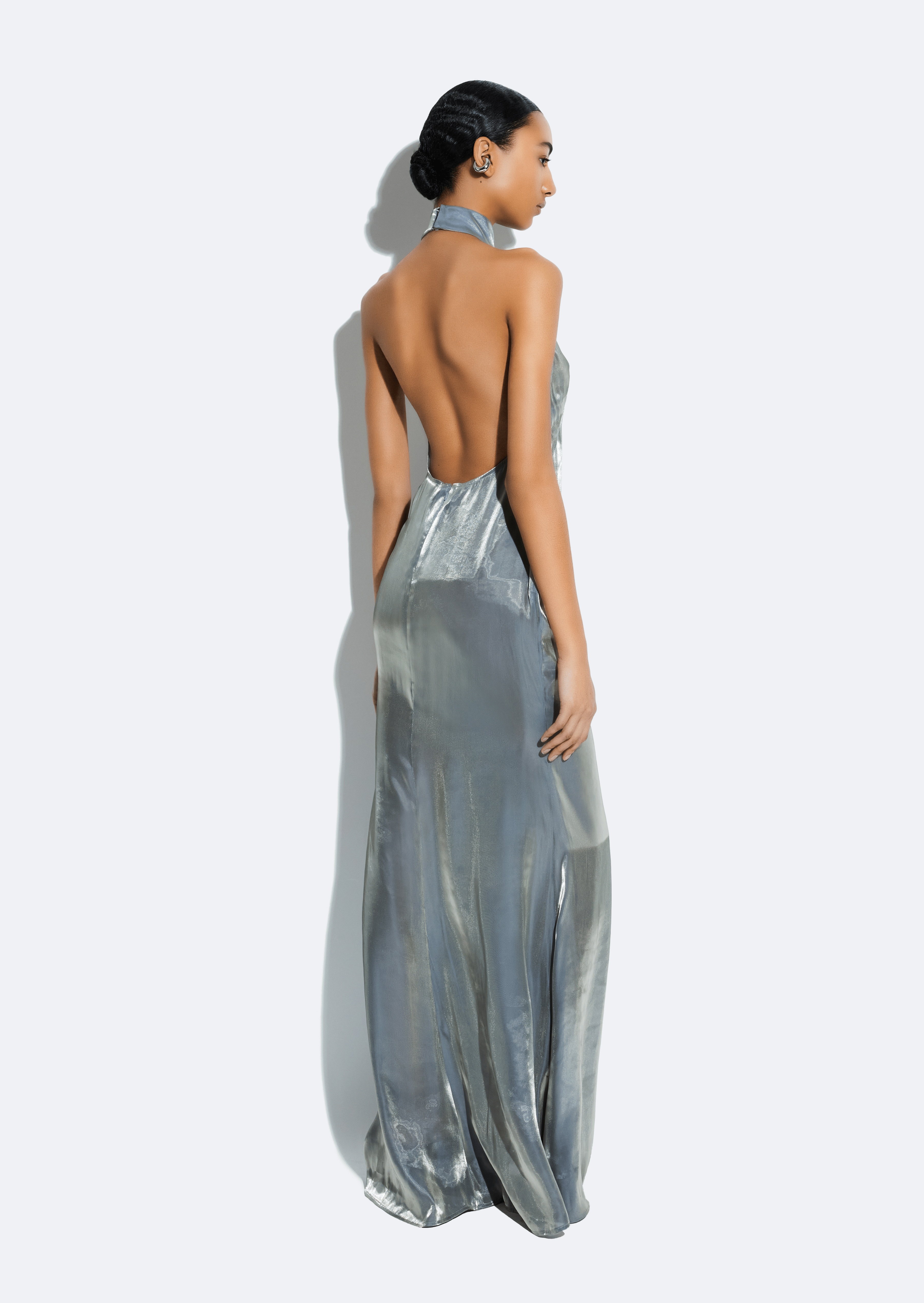 Metallic Organza Halter Open Back Gown - 3