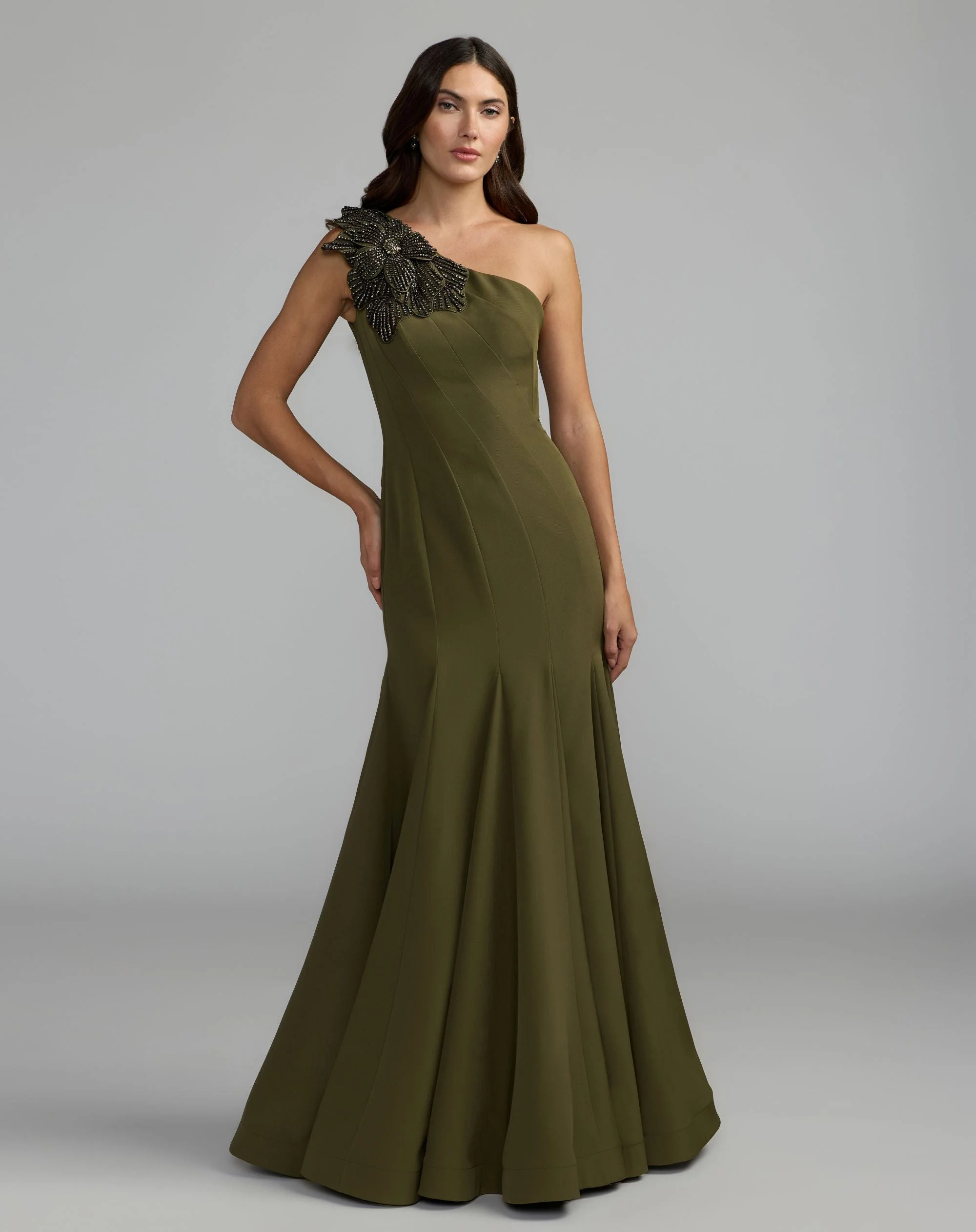 Olive One Shoulder Trumpet Gown With Crystal Flower - 1