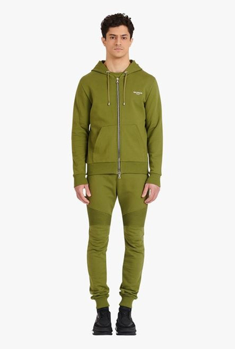 Khaki eco-designed cotton sweatshirt with small flocked white Balmain logo 4