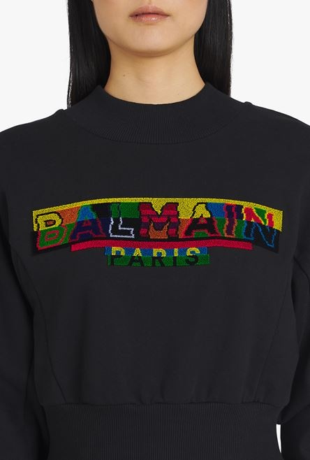 Cropped black eco-designed cotton sweatshirt with pixel Balmain logo - 6